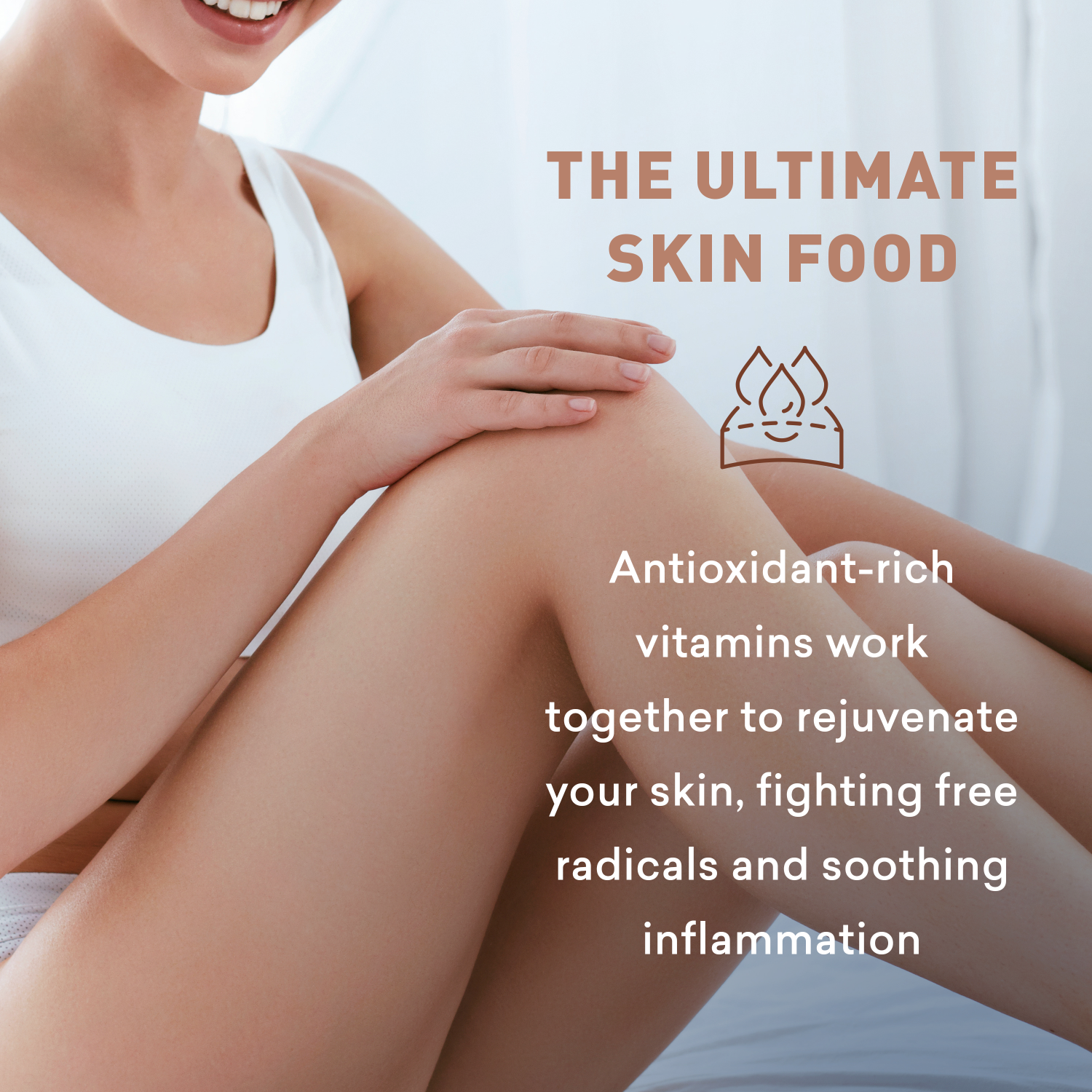 Woman sitting with legs crossed, promoting 'The Ultimate Skin Food' with text about antioxidants and skin rejuvenation.
