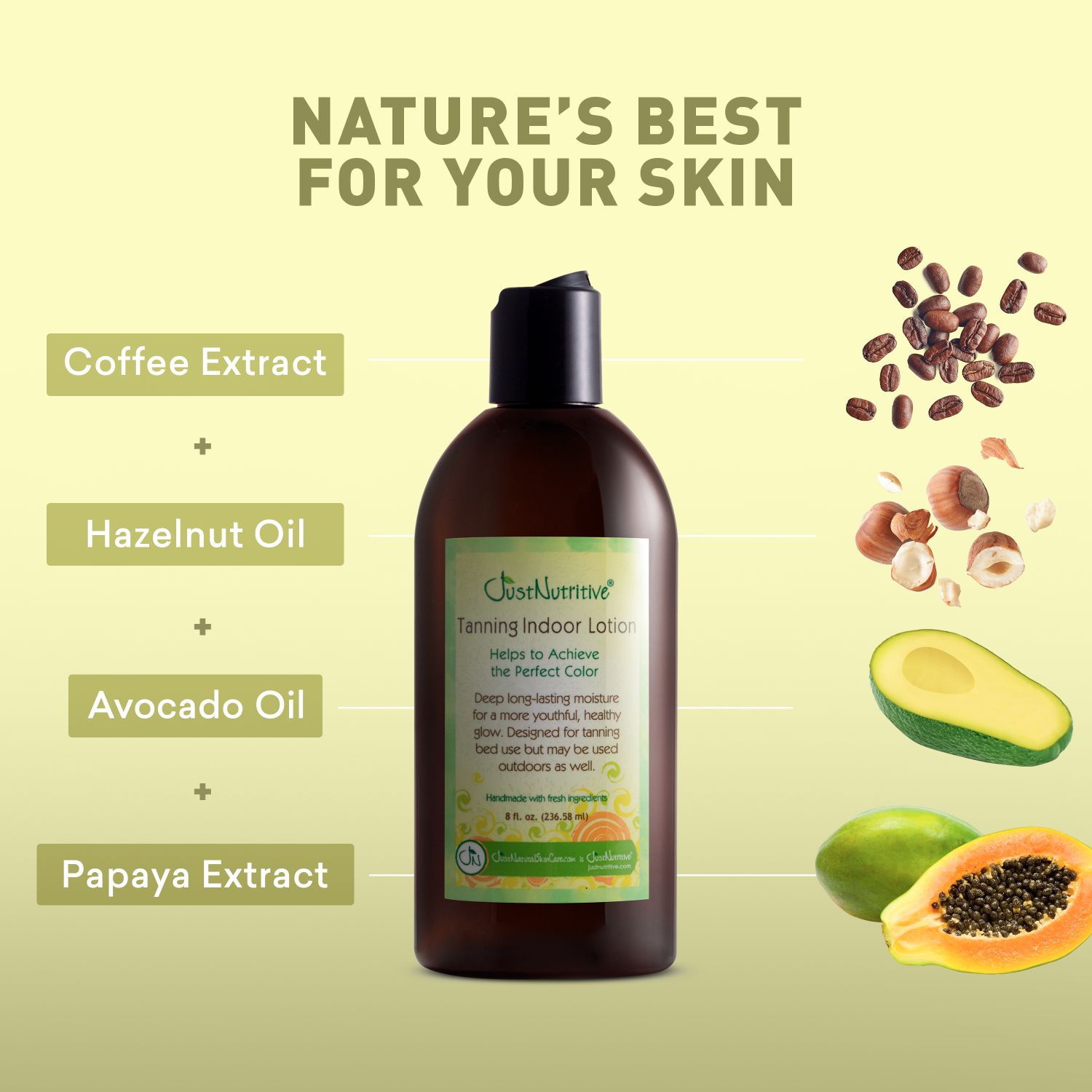 Tanning indoor lotion bottle with ingredients on a green background