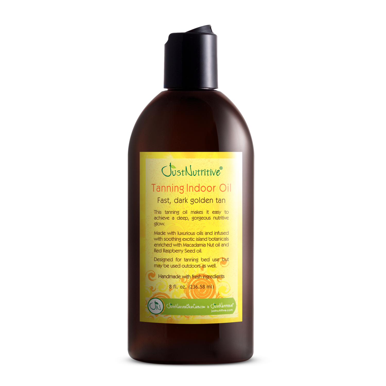 Bottle of Just Nutritive Tanning Indoor Oil on a white background