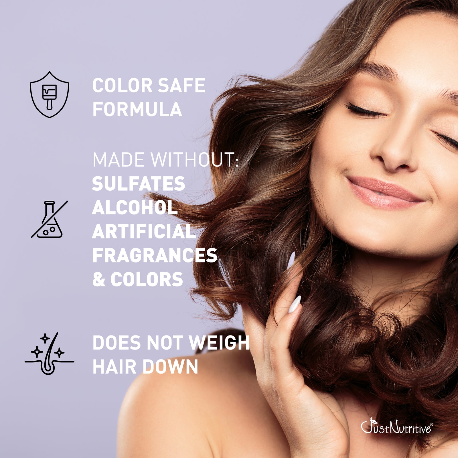 Woman with styled hair against a light purple background with product features listed.