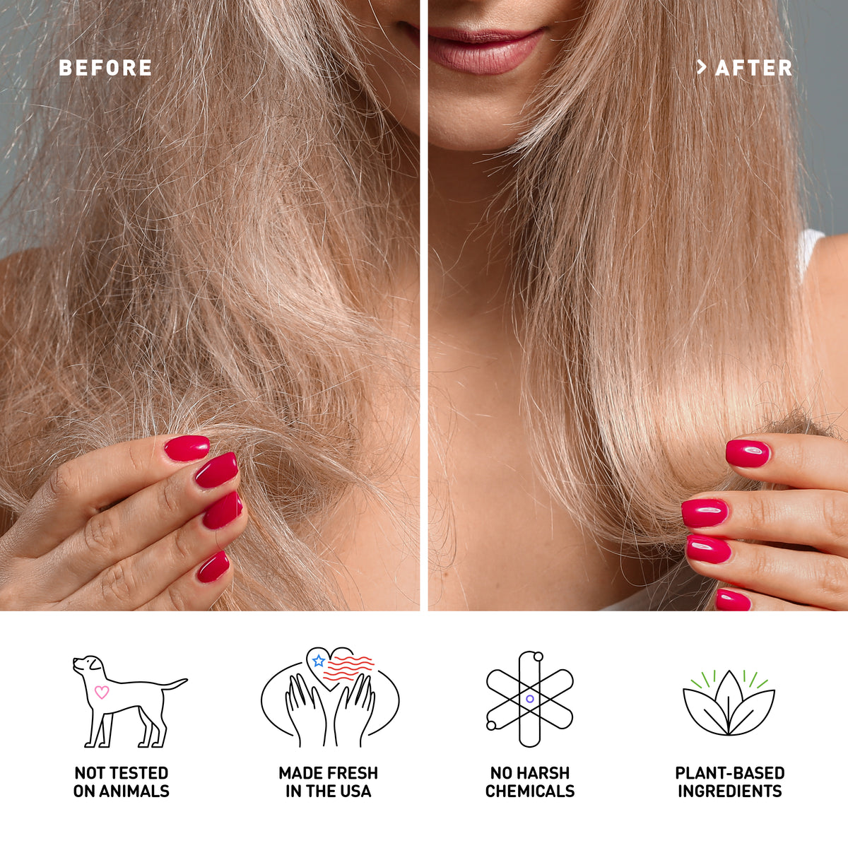 Before and after comparison of hair color treatment with product features listed below.
