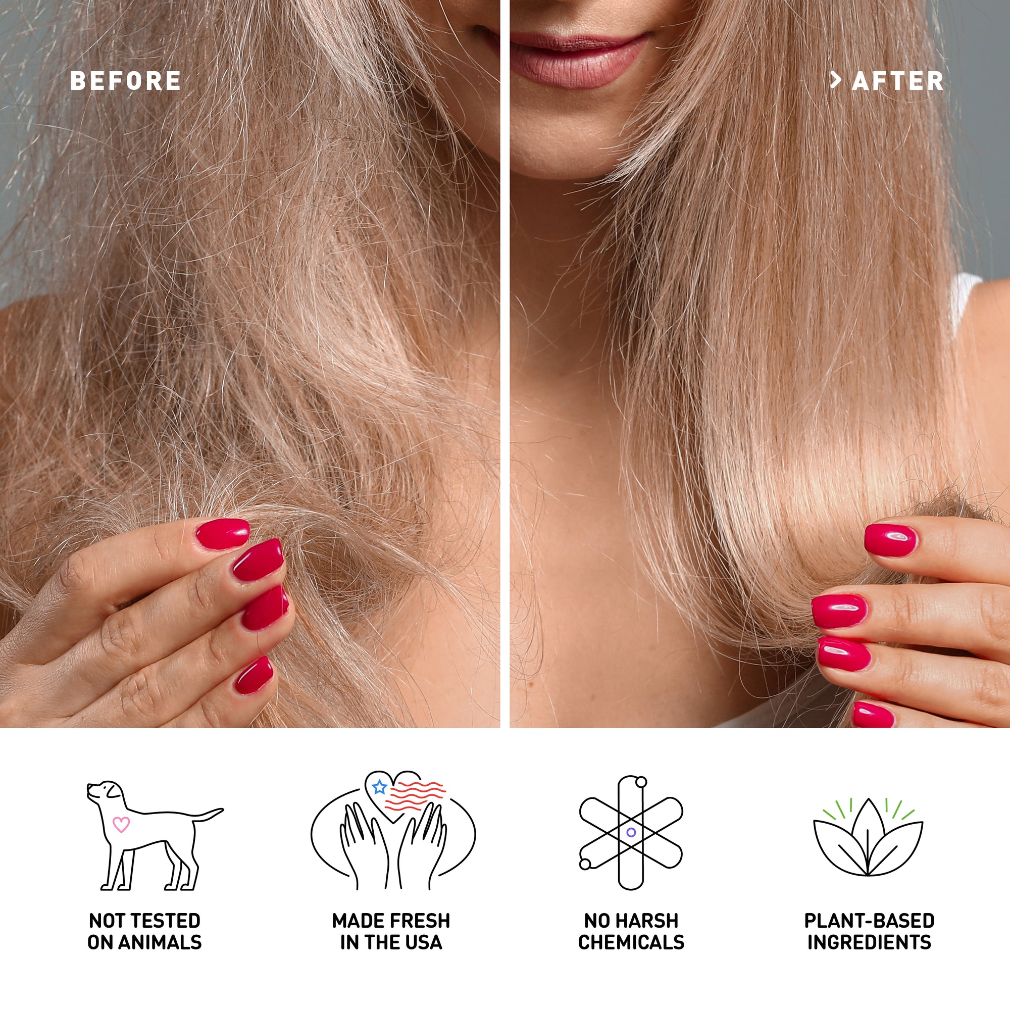 Before and after comparison of hair color treatment with product features listed below.