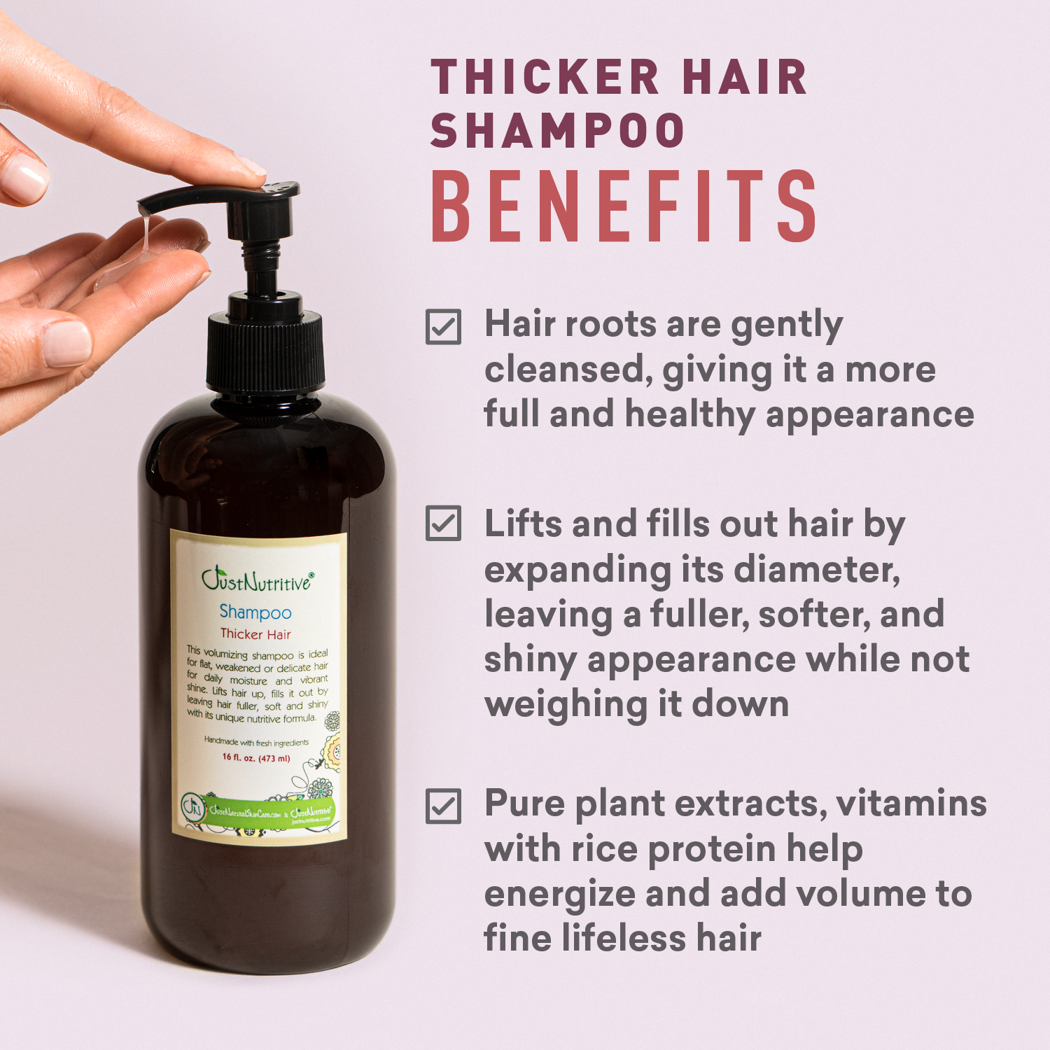 Shampoo bottle with text highlighting benefits on a light background