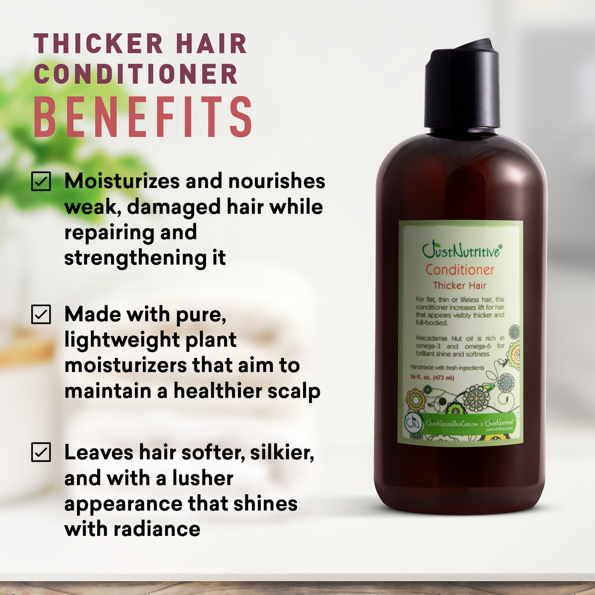 Hair conditioner bottle with benefits listed on a white background