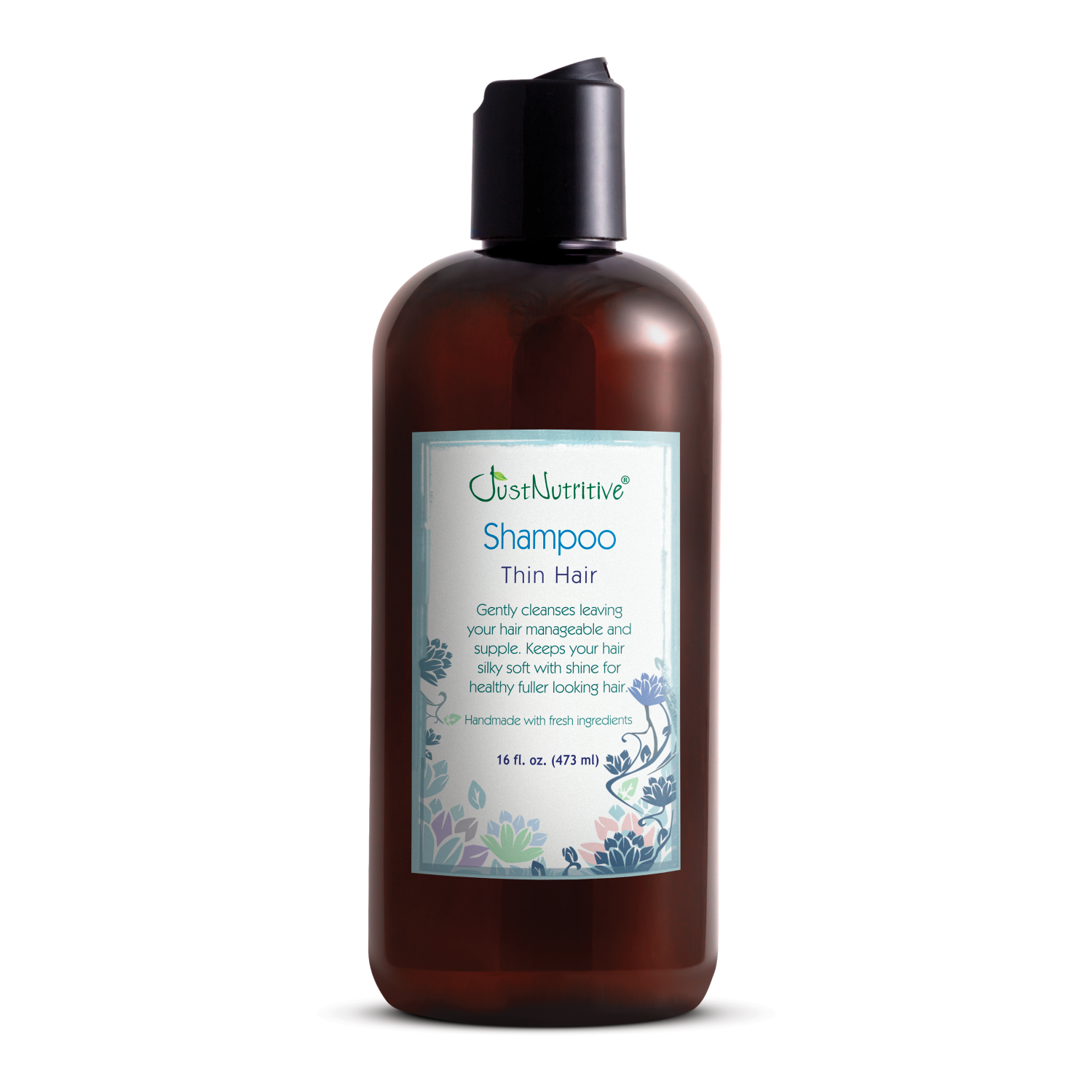 Brown shampoo bottle with a label on a white background