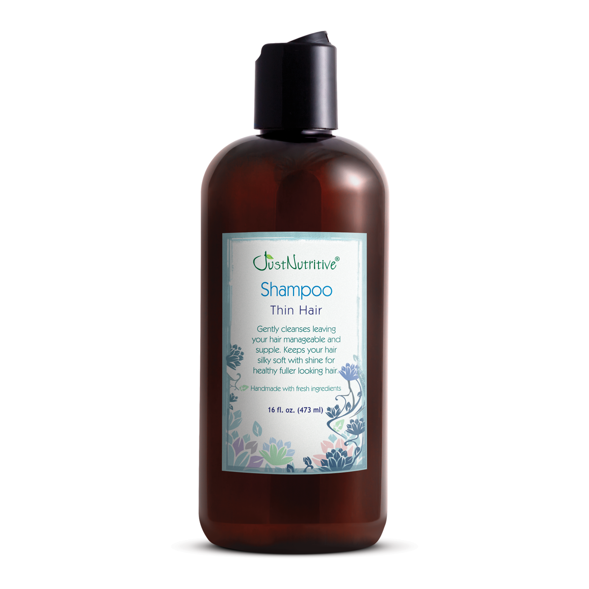 Brown shampoo bottle with a label on a white background
