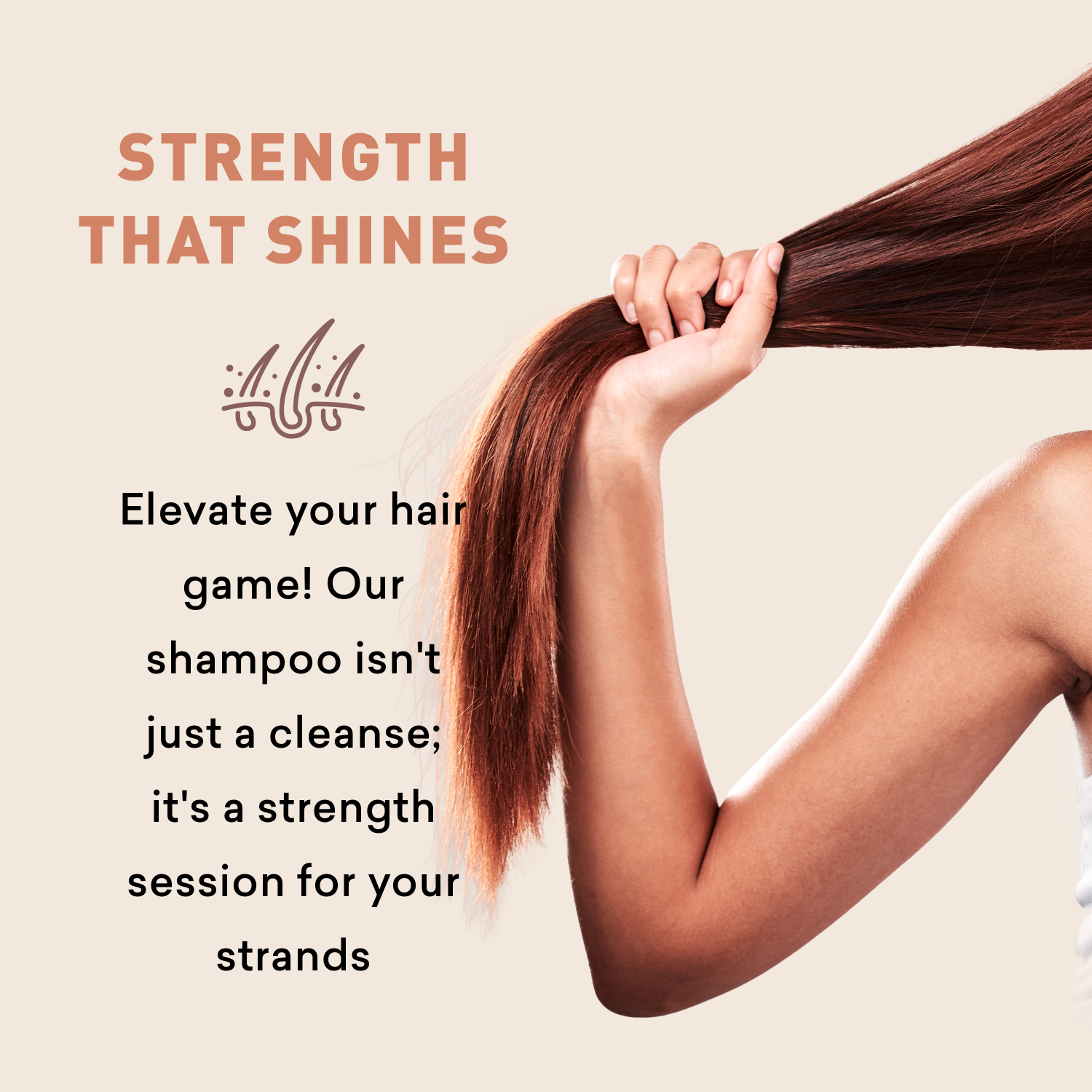 Person holding long, healthy hair with promotional text about shampoo on a beige background