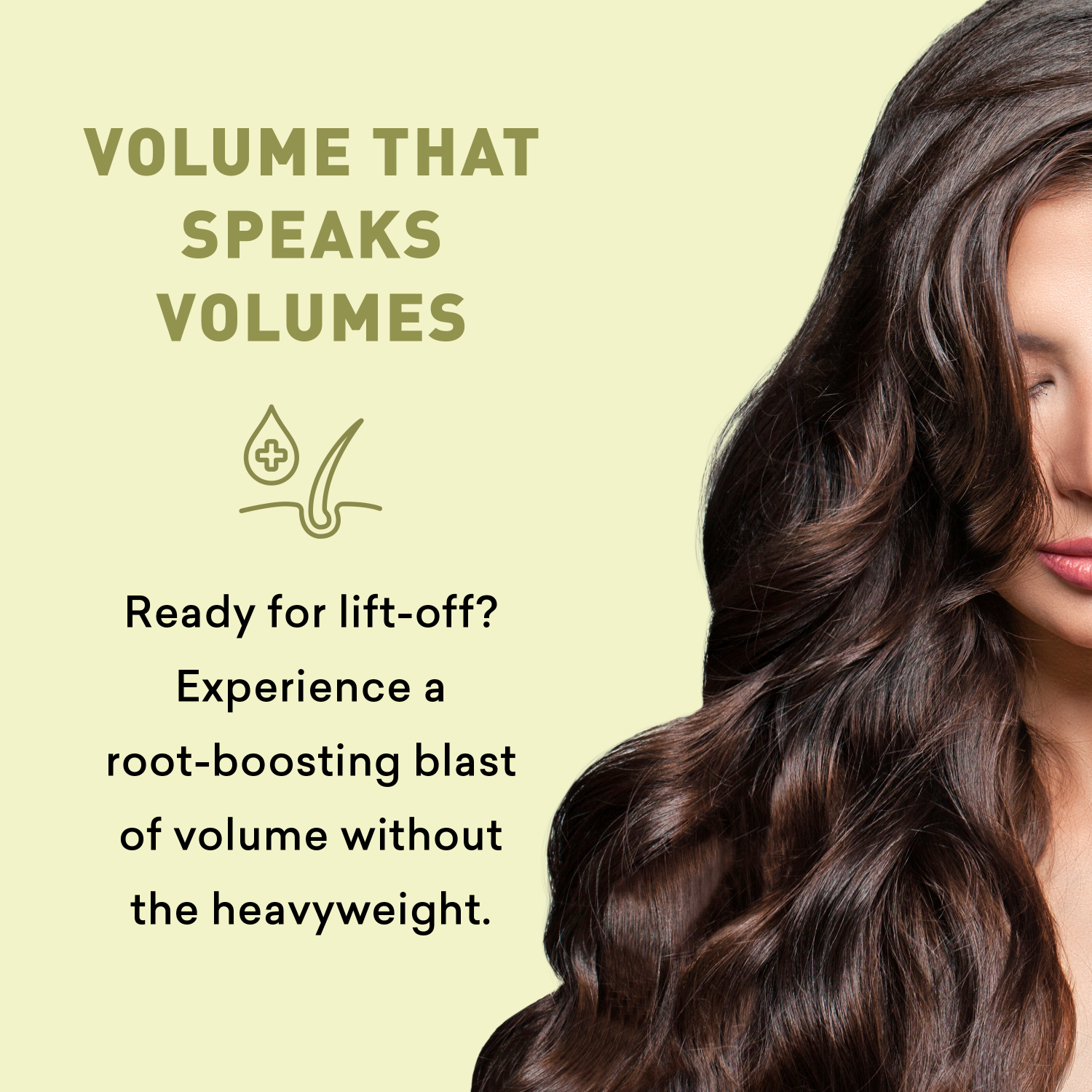 Woman with voluminous hair on a light green background with text about hair volume product.