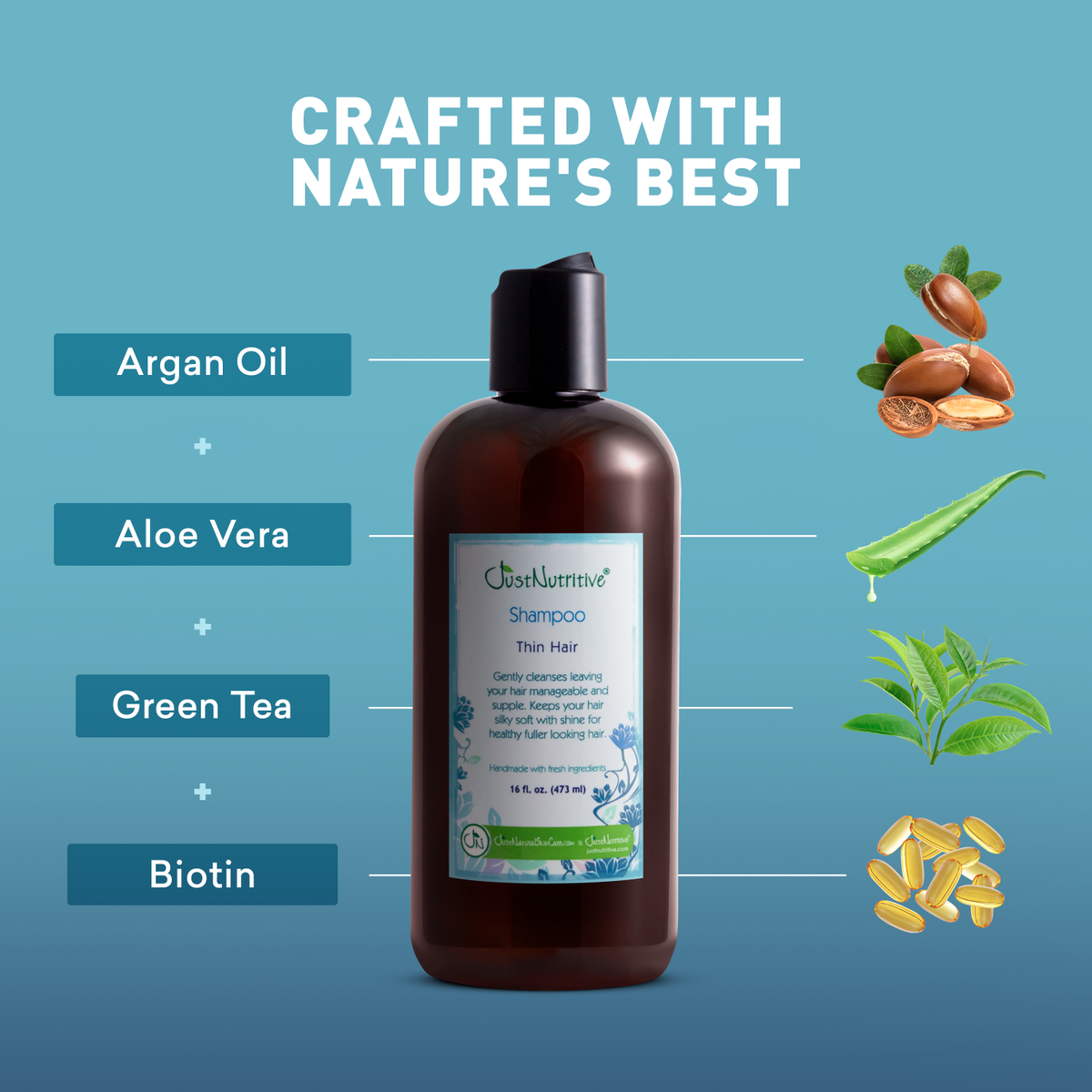 Shampoo bottle with ingredients listed on a blue background