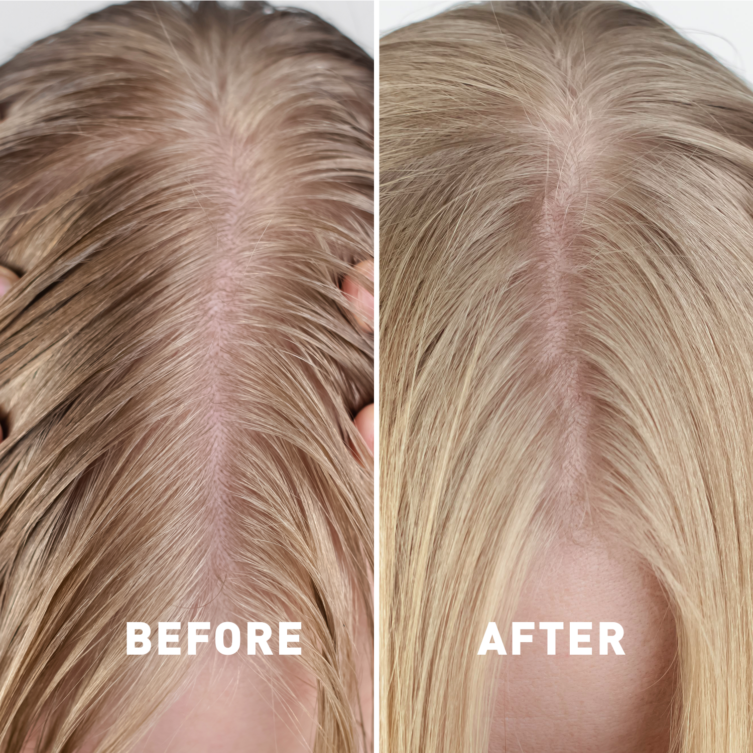 Before and after comparison of blonde hair on a person's head.