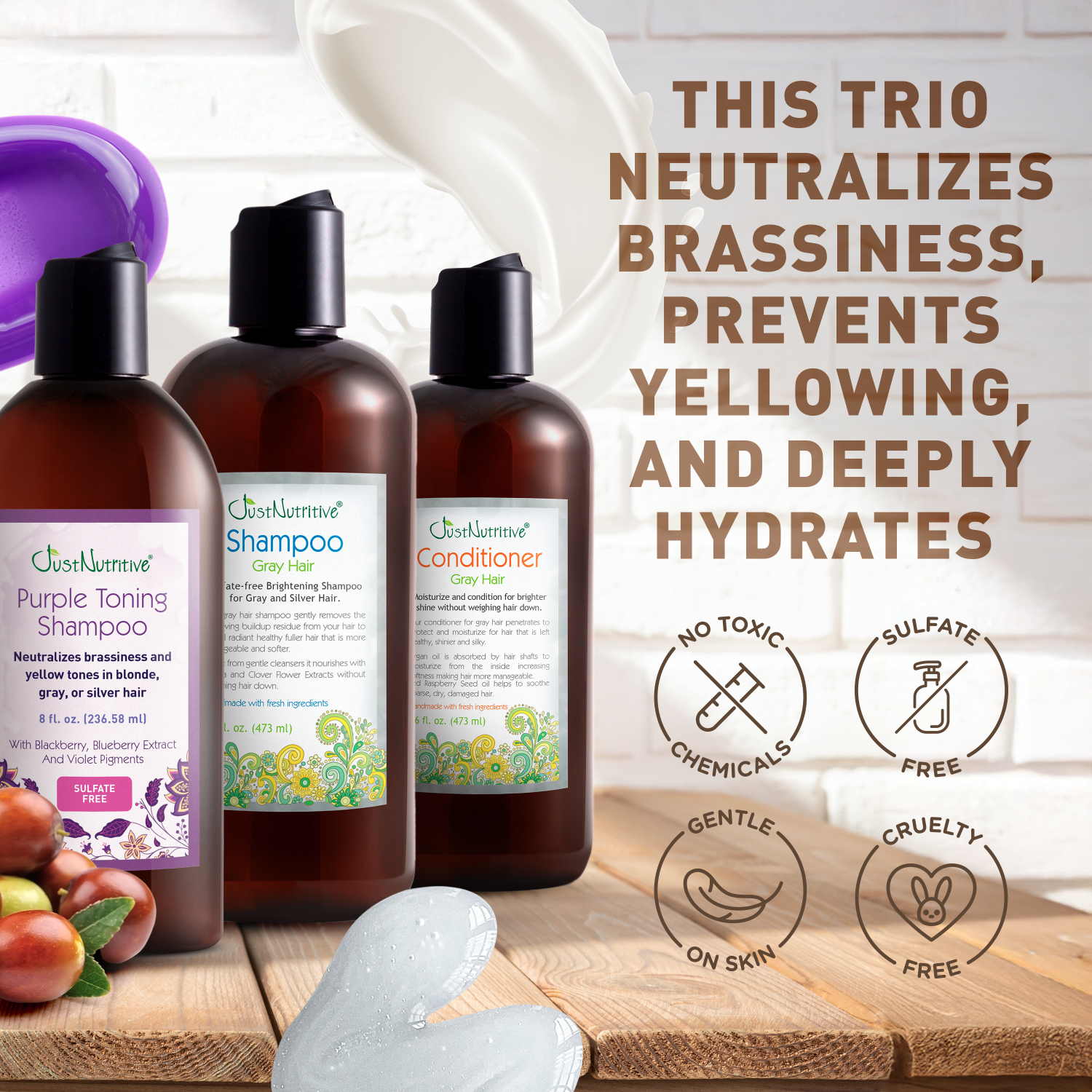 Three bottles of purple toning shampoo, gray hair shampoo, and conditioner on a wooden surface with text highlighting benefits.
