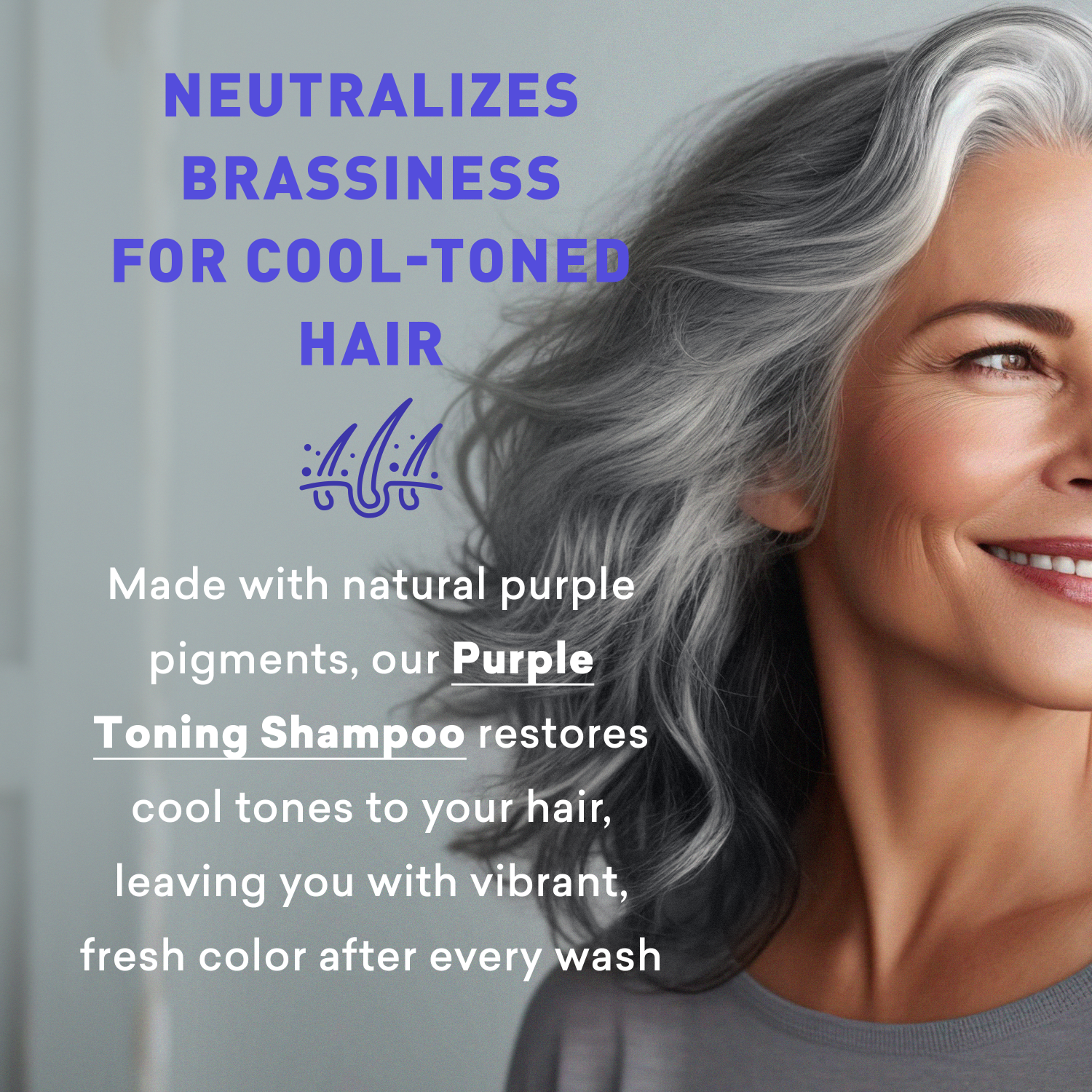 Advertisement for purple toning shampoo with a woman and text about neutralizing brassiness for cool-toned hair.