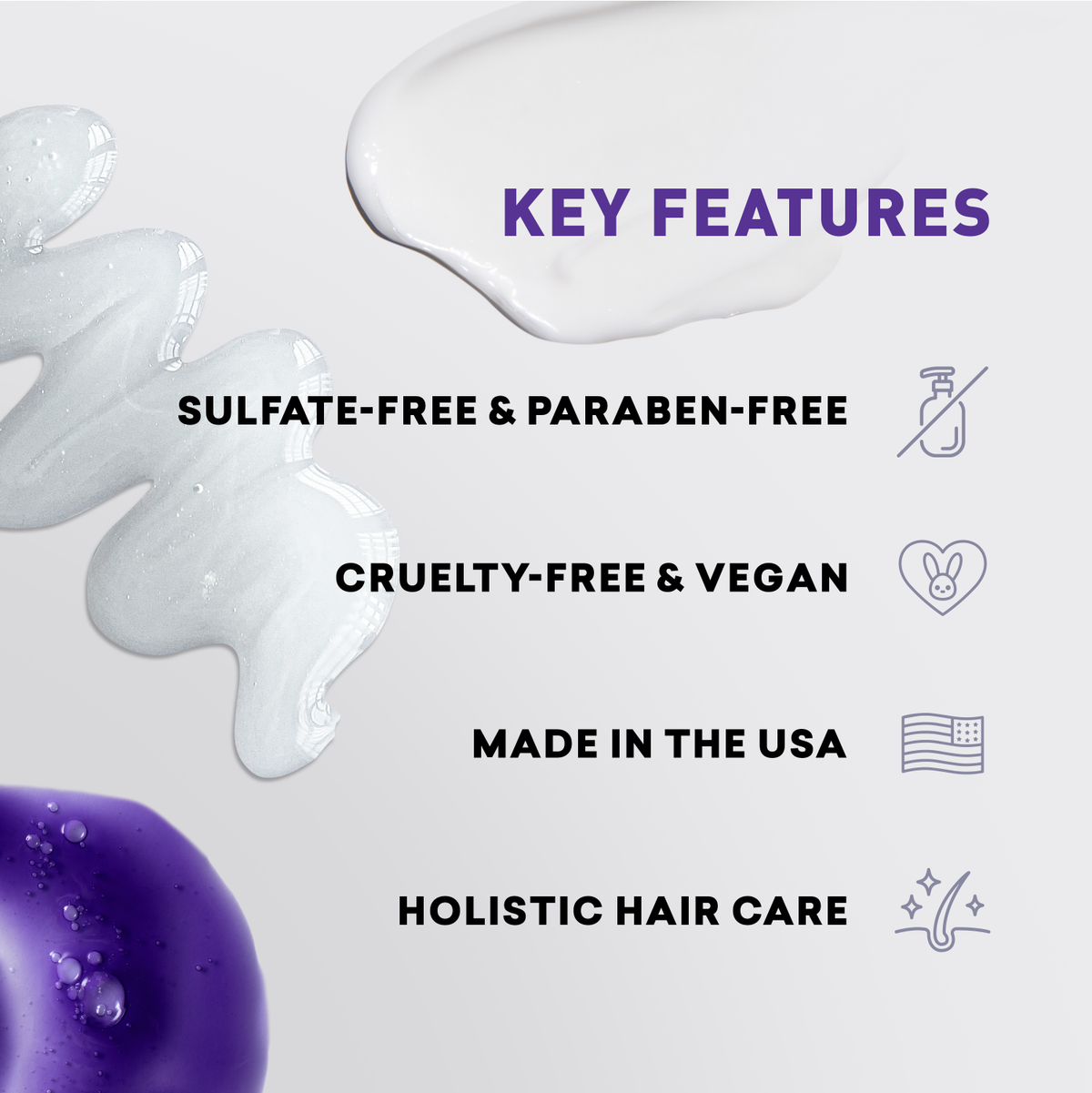 Key features of a hair care product on a white background with purple accents.