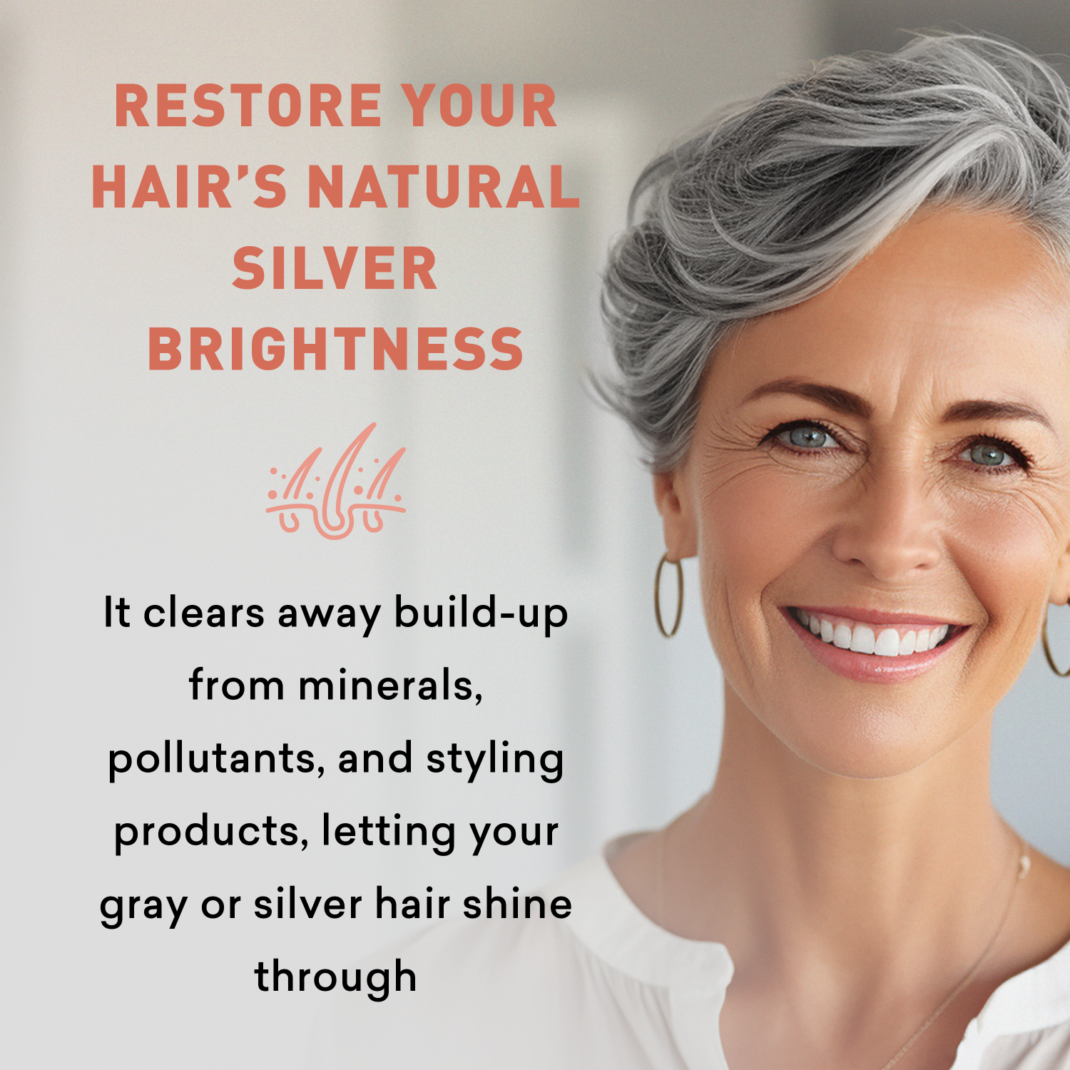 Woman with gray hair smiling, with text about restoring natural silver brightness.