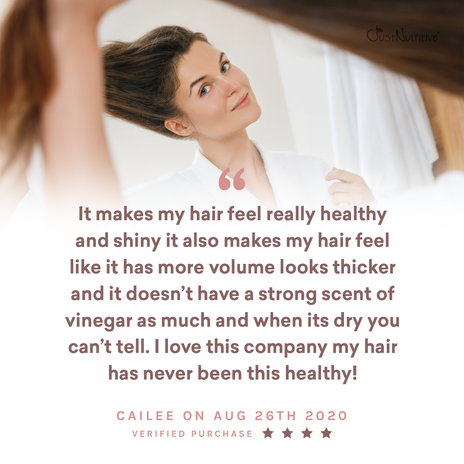 Woman with text overlay about hair care product, featuring a brand name.