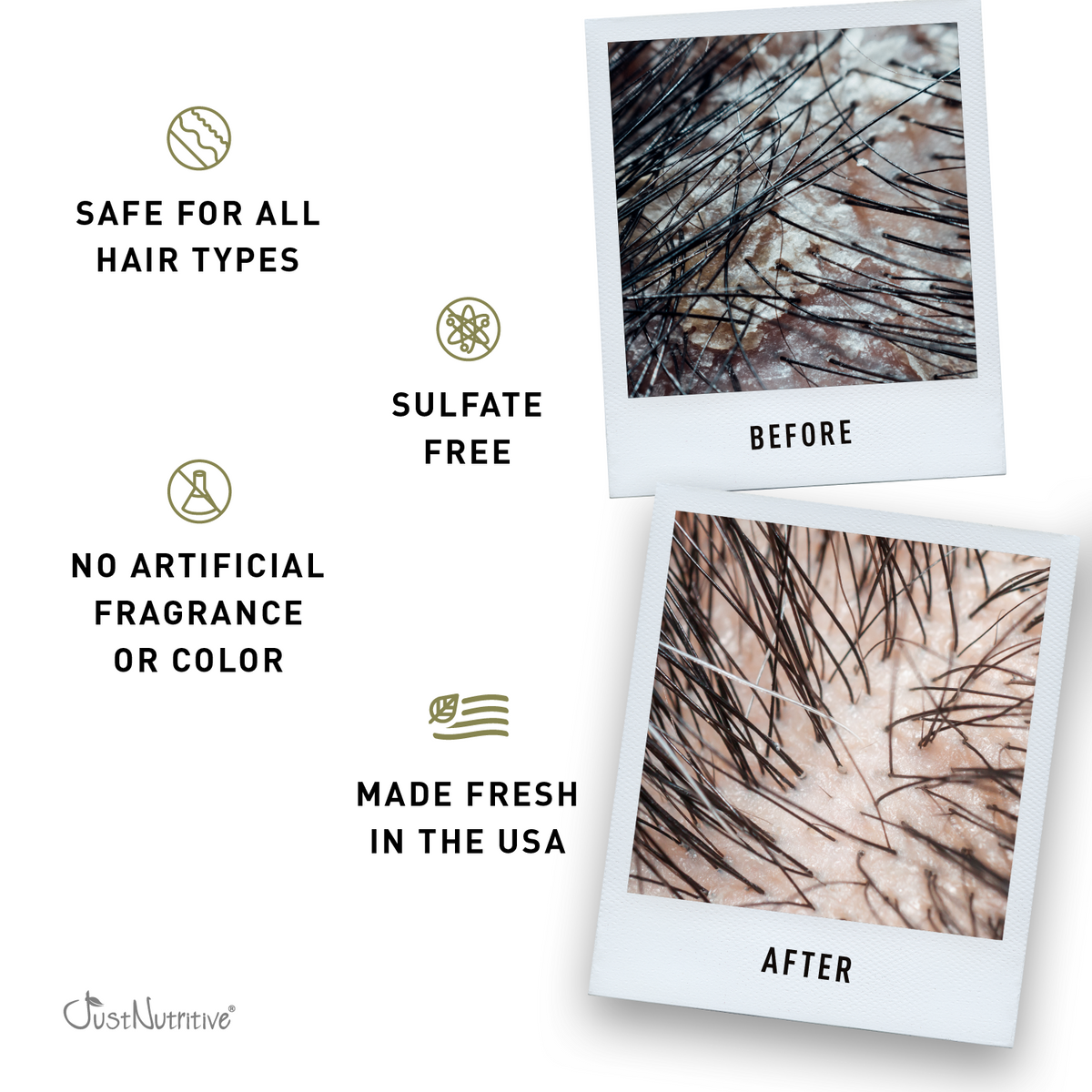 Product packaging with 'Before' and 'After' hair images, safety features, and brand name.