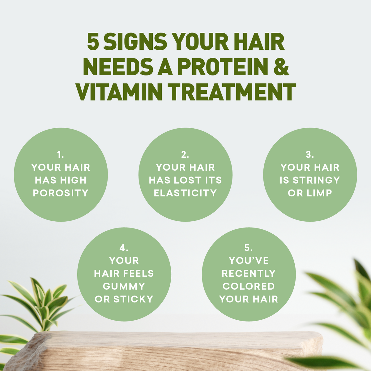 List of five signs your hair needs a protein and vitamin treatment with green circles on a light background.