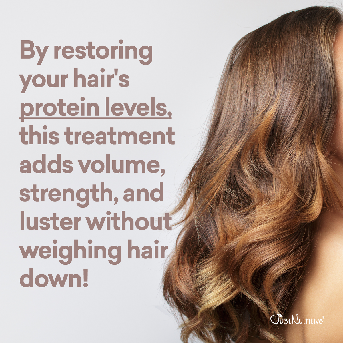 Text about hair treatment benefits with a close-up of wavy hair on a white background.