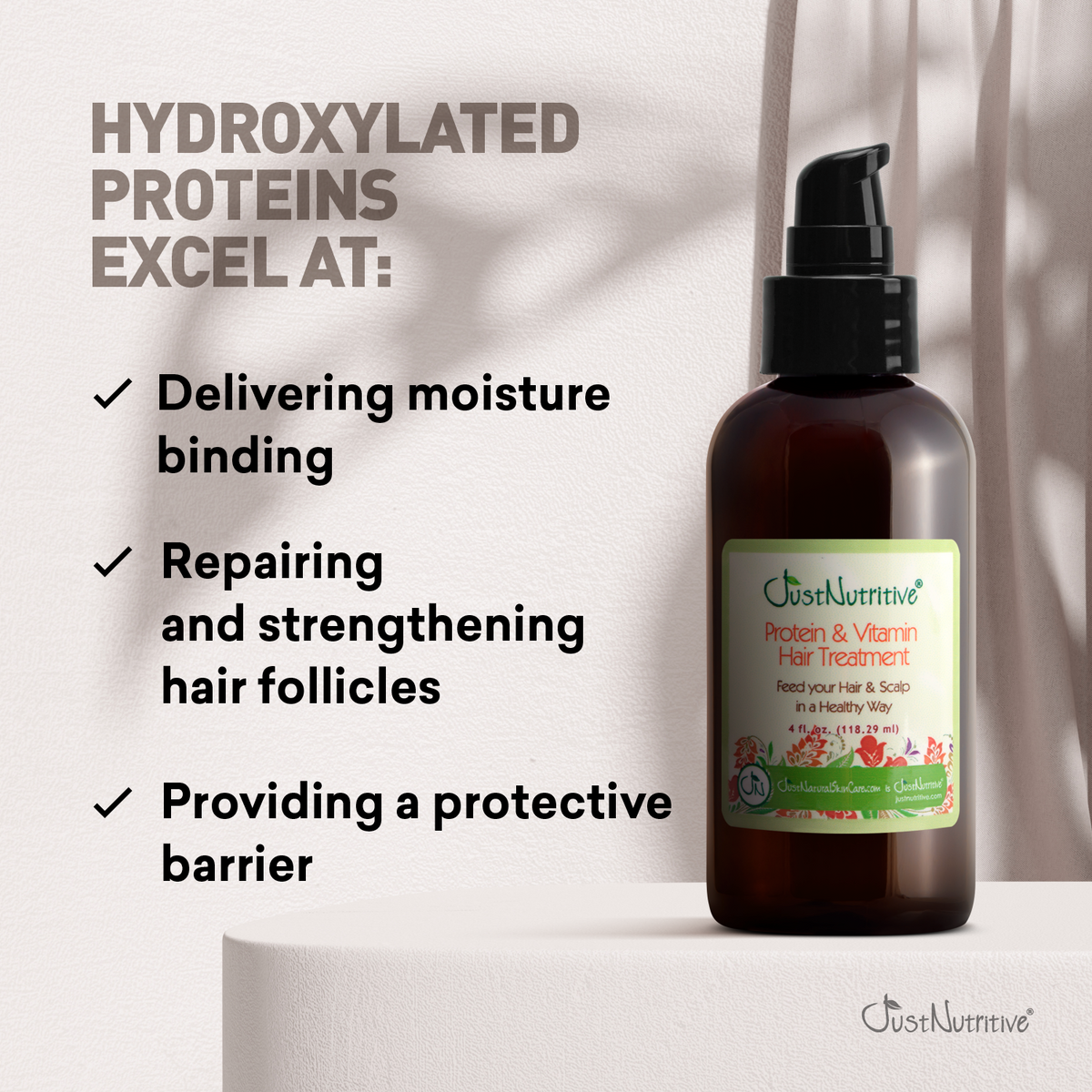 Hair treatment bottle with text about hydroxylated proteins on a neutral background