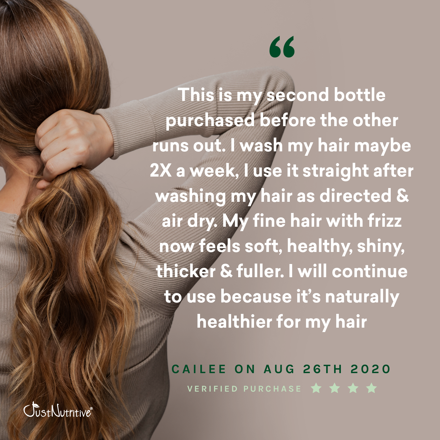 Woman with long, wavy hair touching her ponytail, with a quote about hair care product satisfaction.