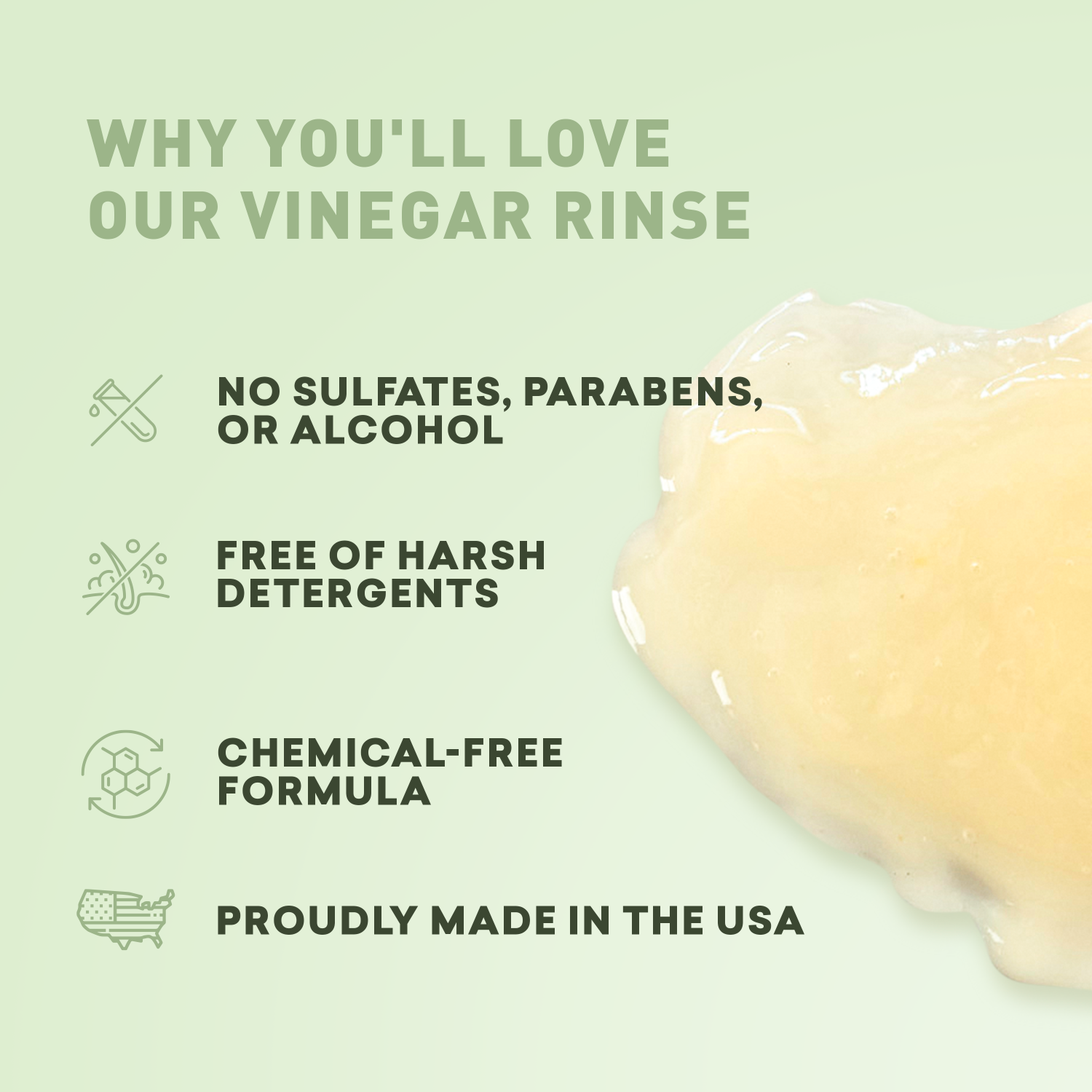 Vinegar rinse product with text highlighting benefits on a light green background