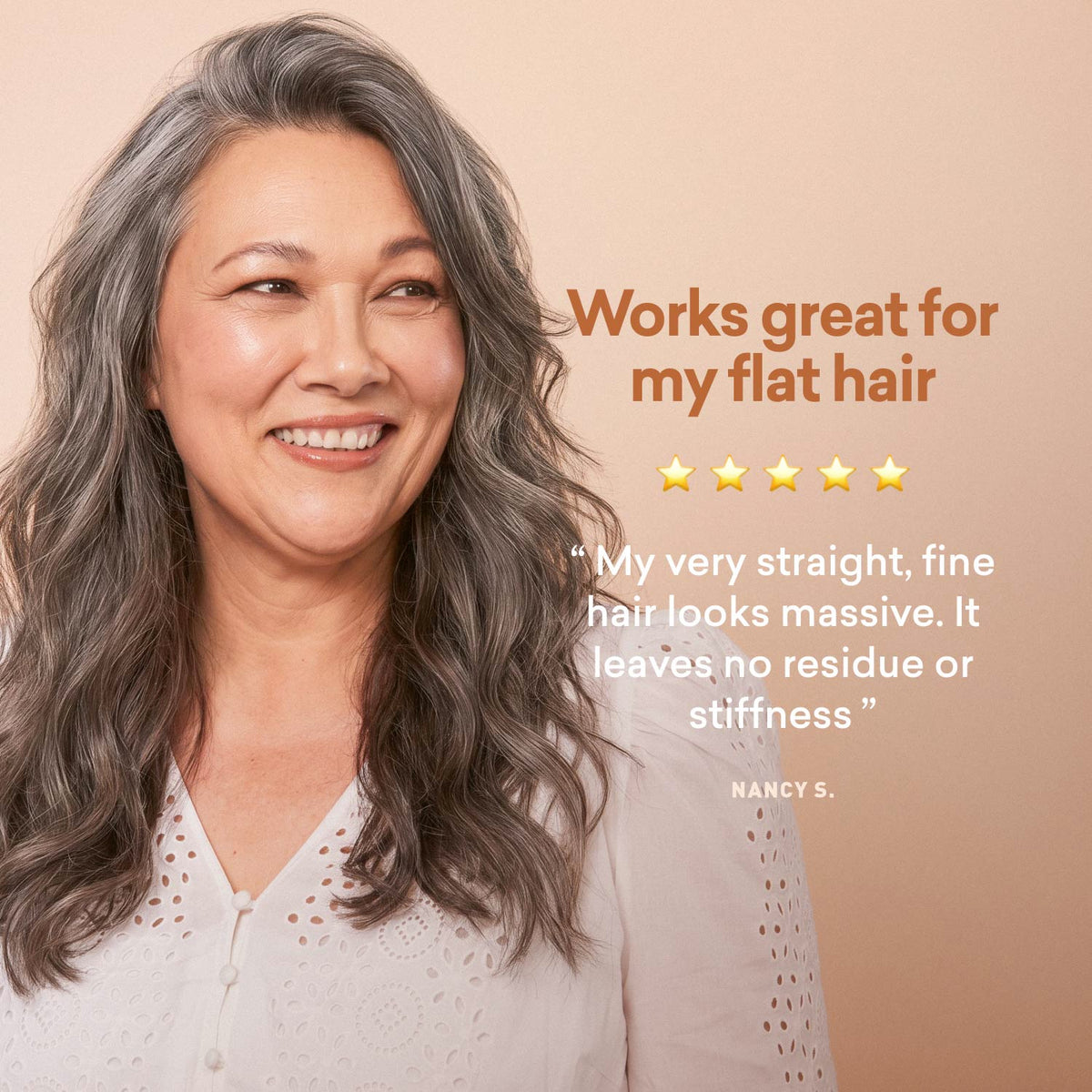 customer review praising lightweight, residue-free volume on straight, fine hair