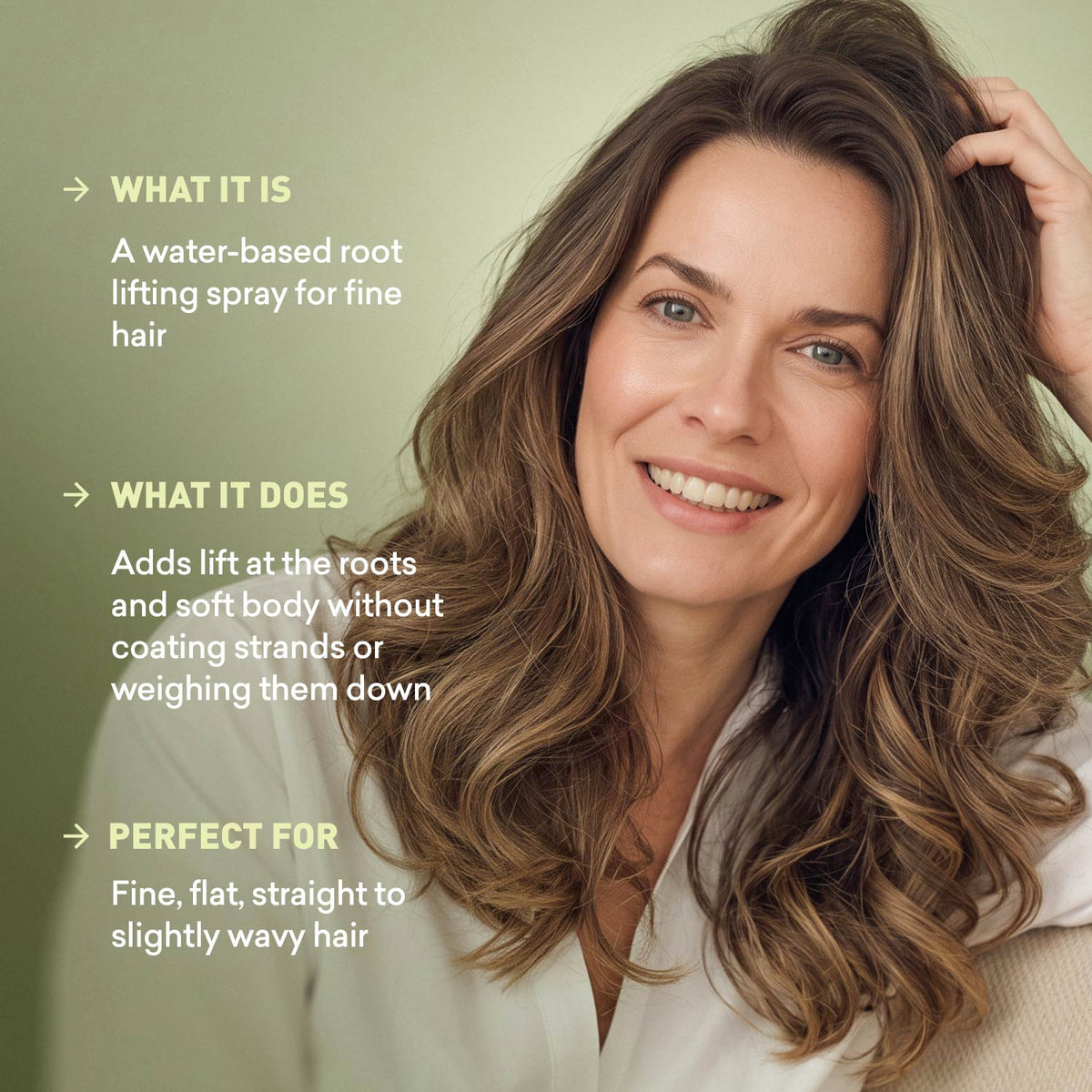 Overview card for a root lifting spray that adds body to fine, flat hair