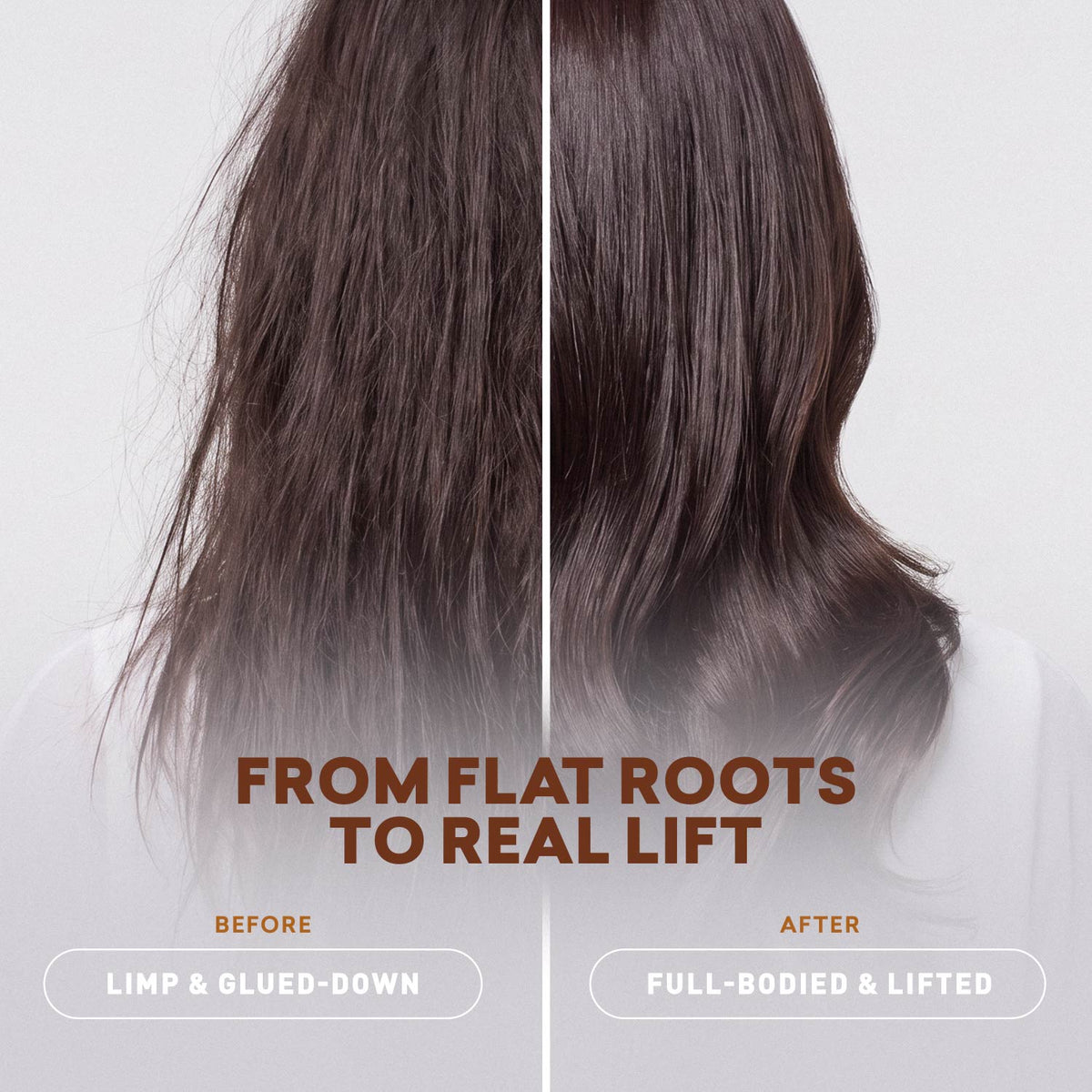 Before and after: limp, glued-down fine hair beside full-bodied, lifted hair with root volume
