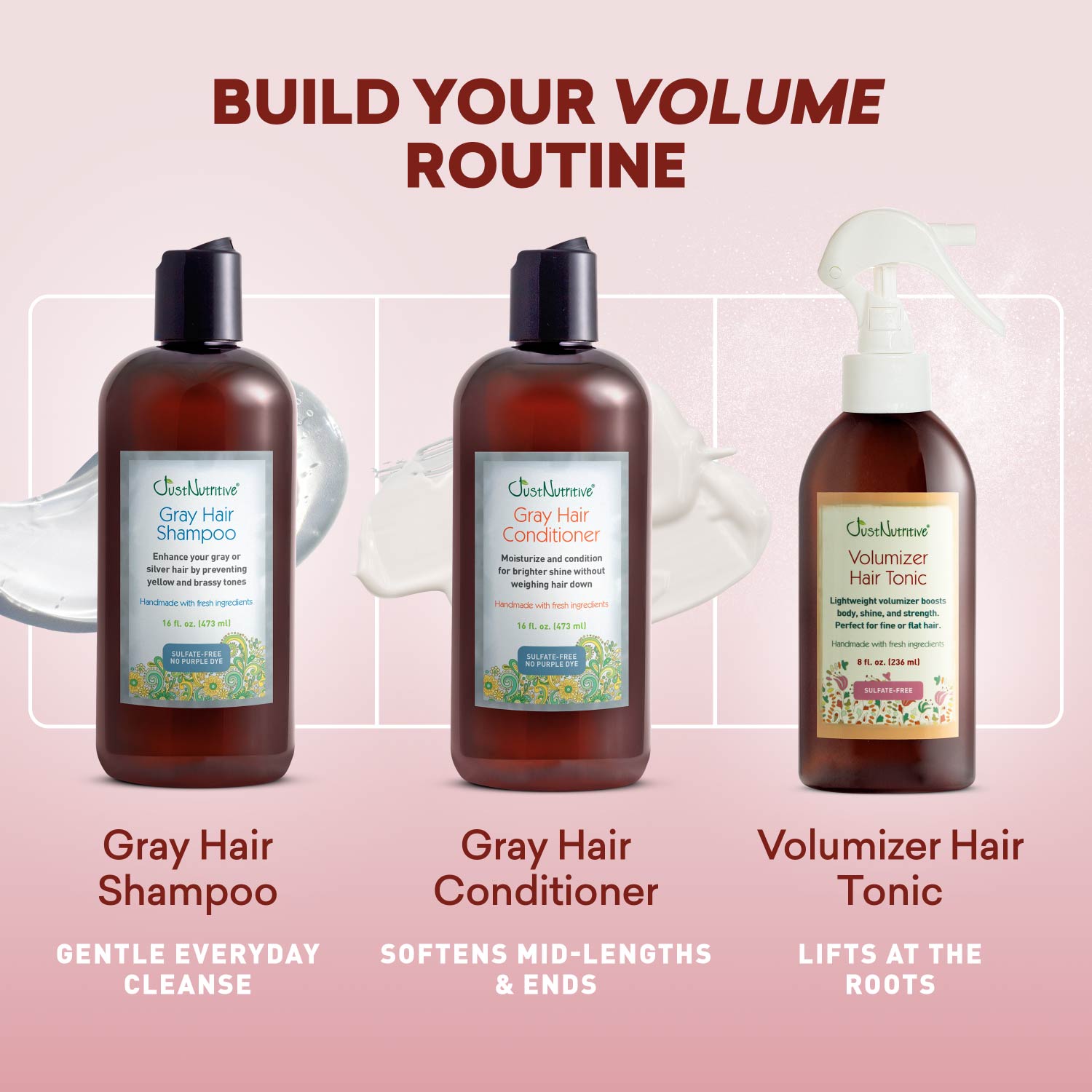 Volume routine: Volumizing Shampoo, Volumizing Conditioner, then Volumizer Hair Tonic at the roots