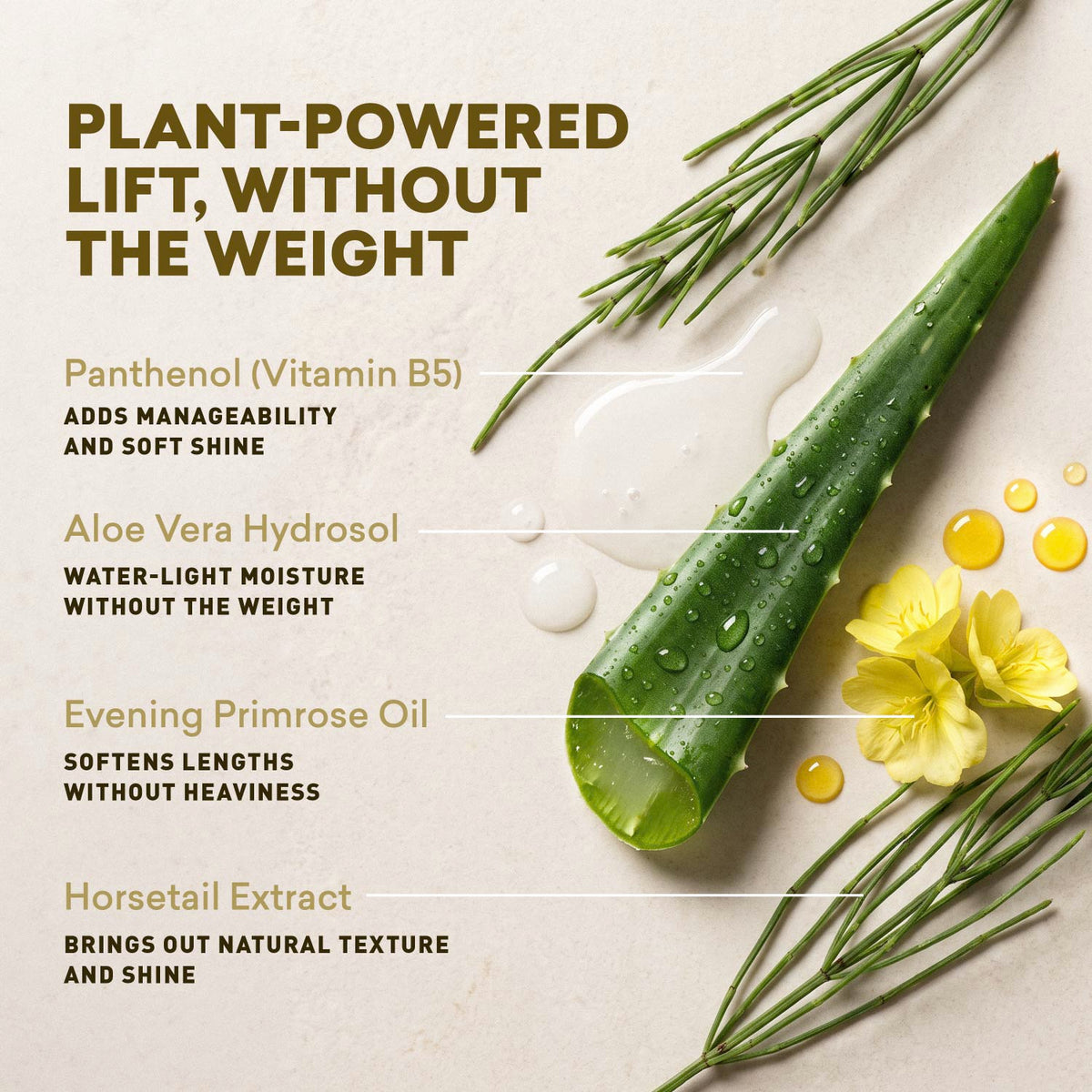 Hero ingredients in this hair volumizer spray: aloe vera, panthenol, evening primrose, and horsetail