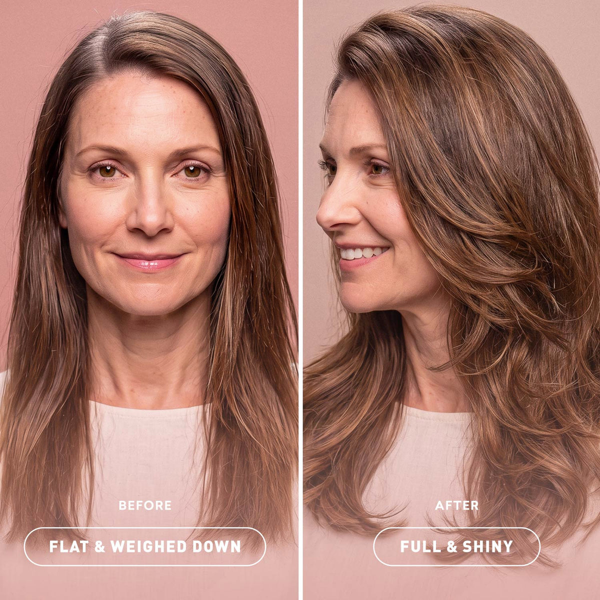 Before and after: flat, weighed-down fine hair beside full, shiny hair with root volume 