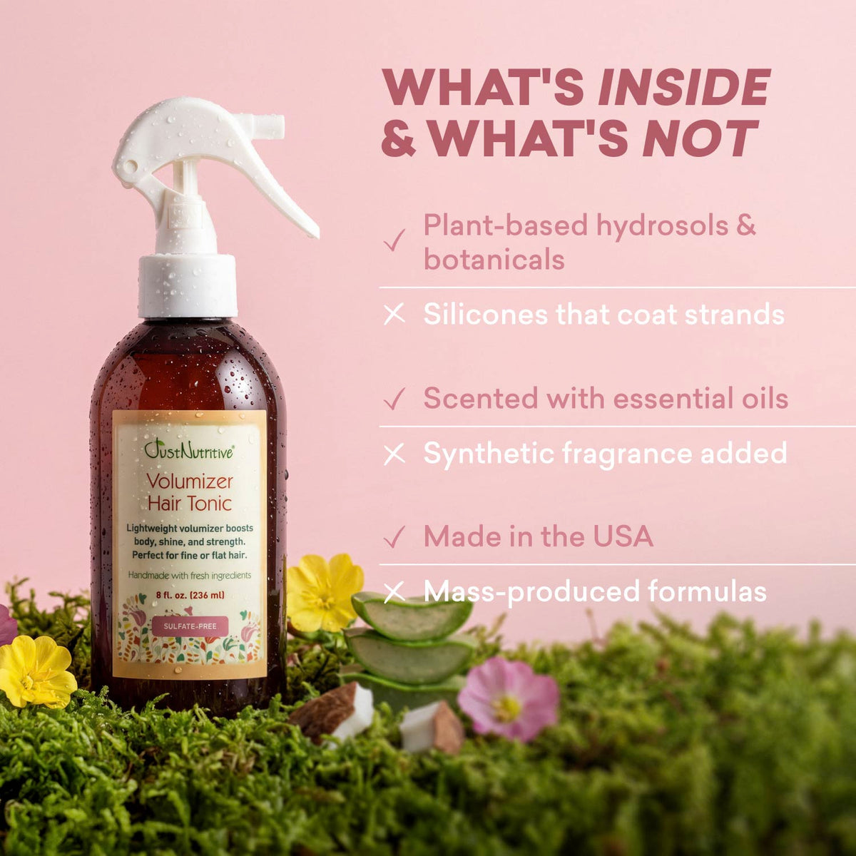 Formula checklist: plant-based, silicone-free, essential oil scent, vegan, cruelty-free, and made in the USA