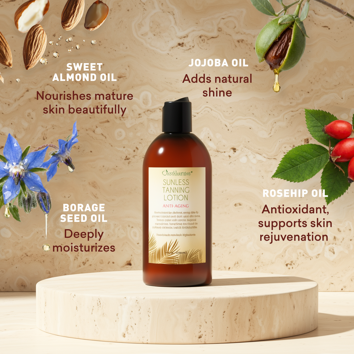 Bottle of tanning lotion with ingredients like sweet almond oil, jojoba oil, borage seed oil, and rosehip oil displayed on a beige background.