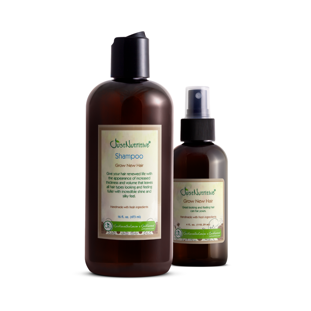 Two brown bottles of 'Grow New Hair' shampoo and conditioner on a white background