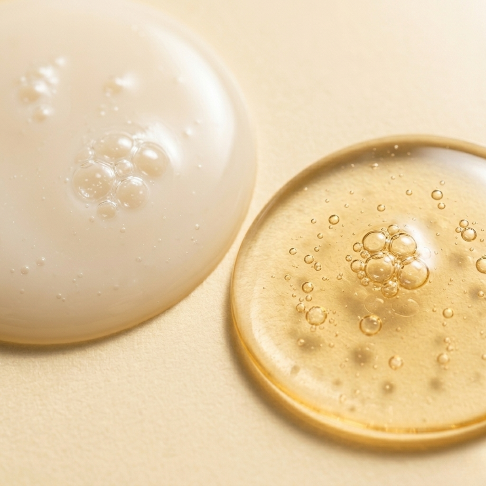 Close-up of a skincare product with bubbles on a beige background