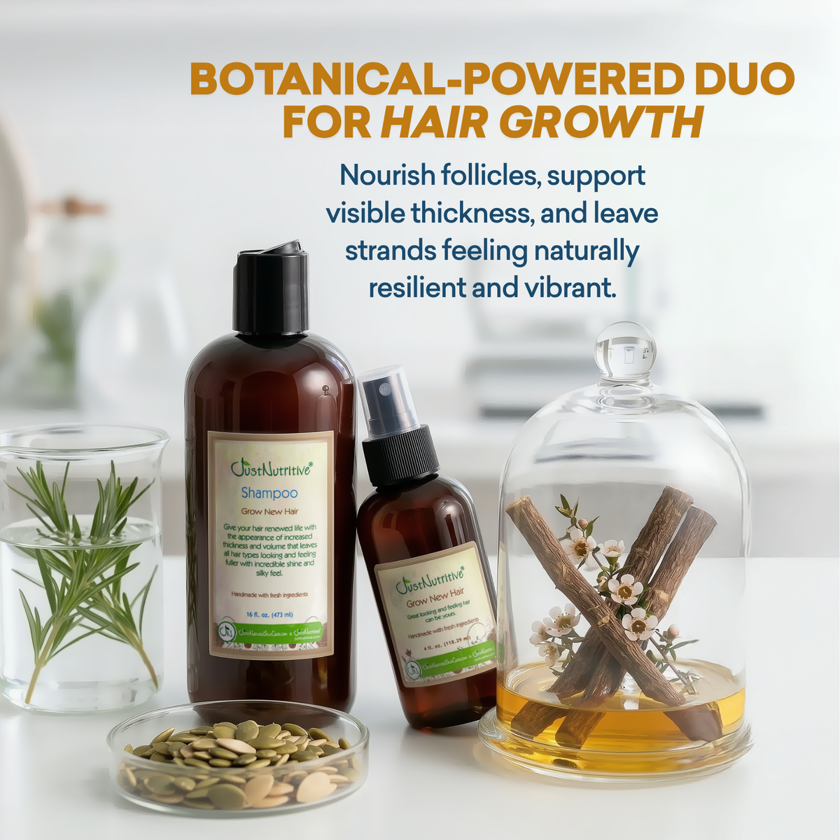 Botanical-powered hair care products with text about hair growth on a blurred background