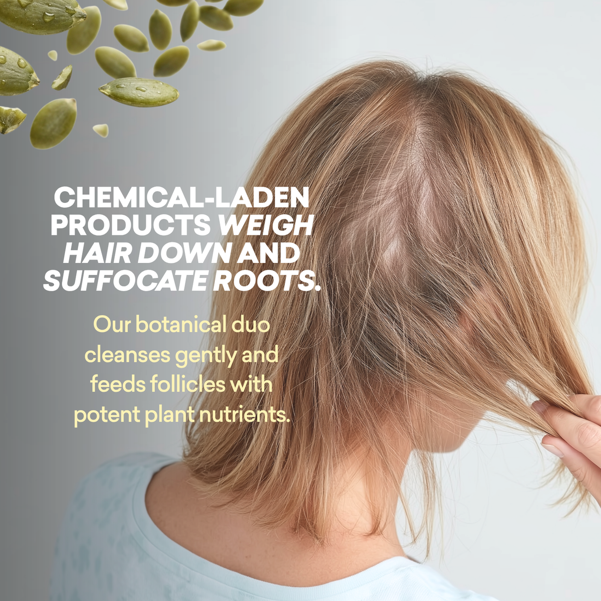 Person with blonde hair holding a section of their hair, with text about chemical-free hair care products.