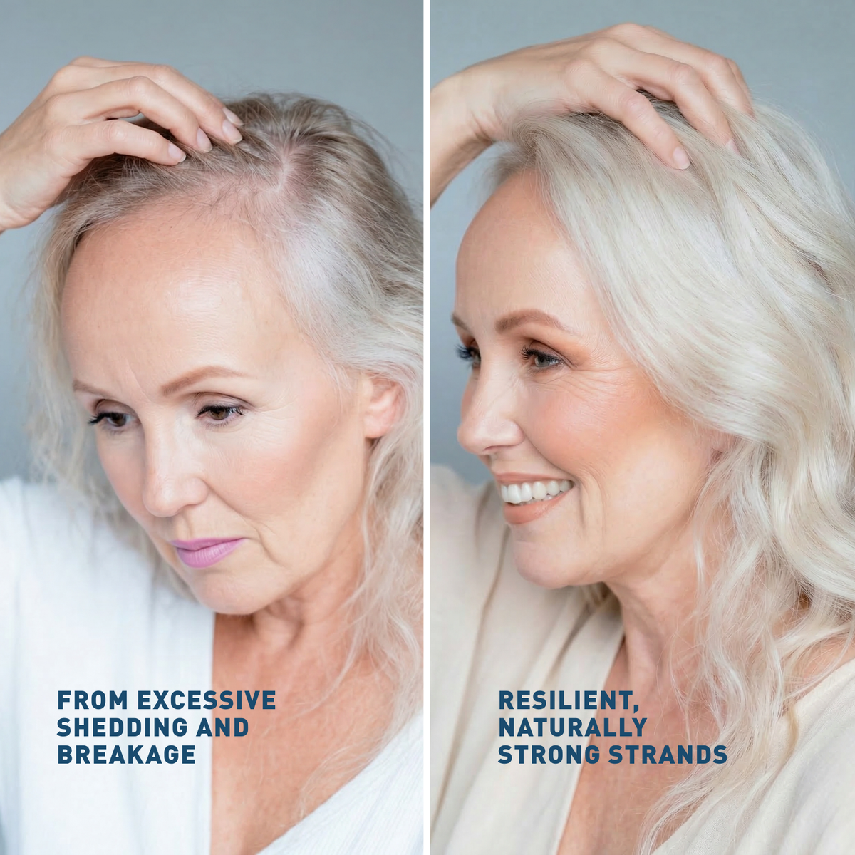 Before and after comparison of a woman's hair health with text indicating improvement.