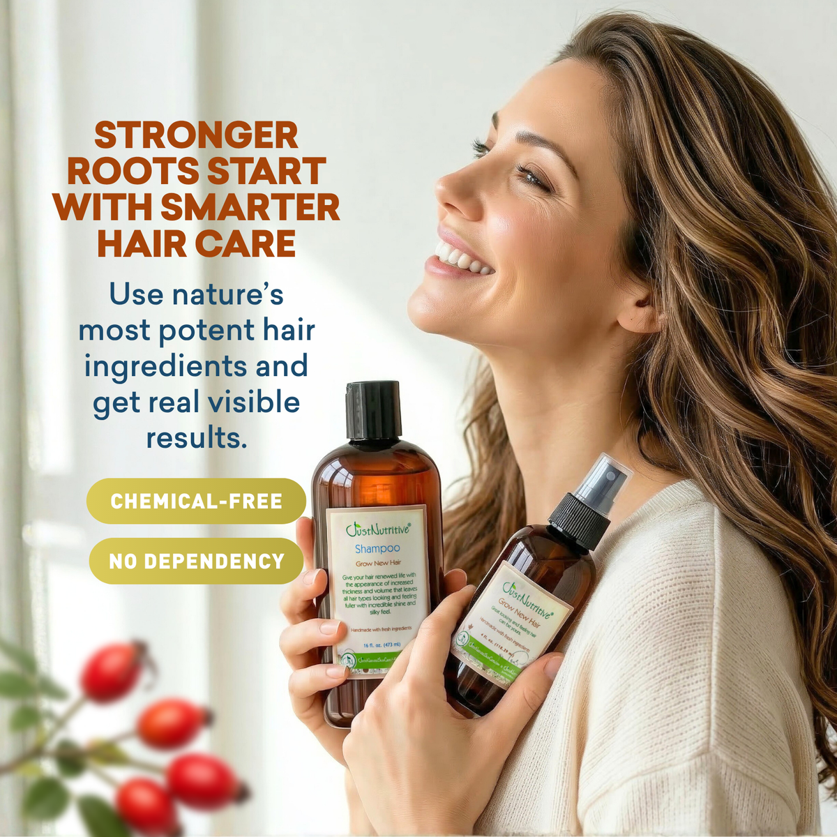 Woman holding two bottles of hair care products with text about smarter hair care.