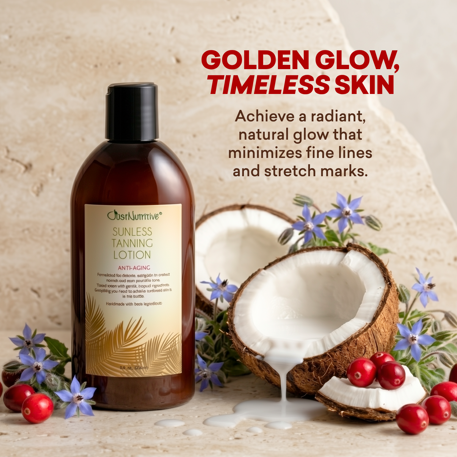 Sunless tanning lotion bottle with coconuts and berries on a natural background