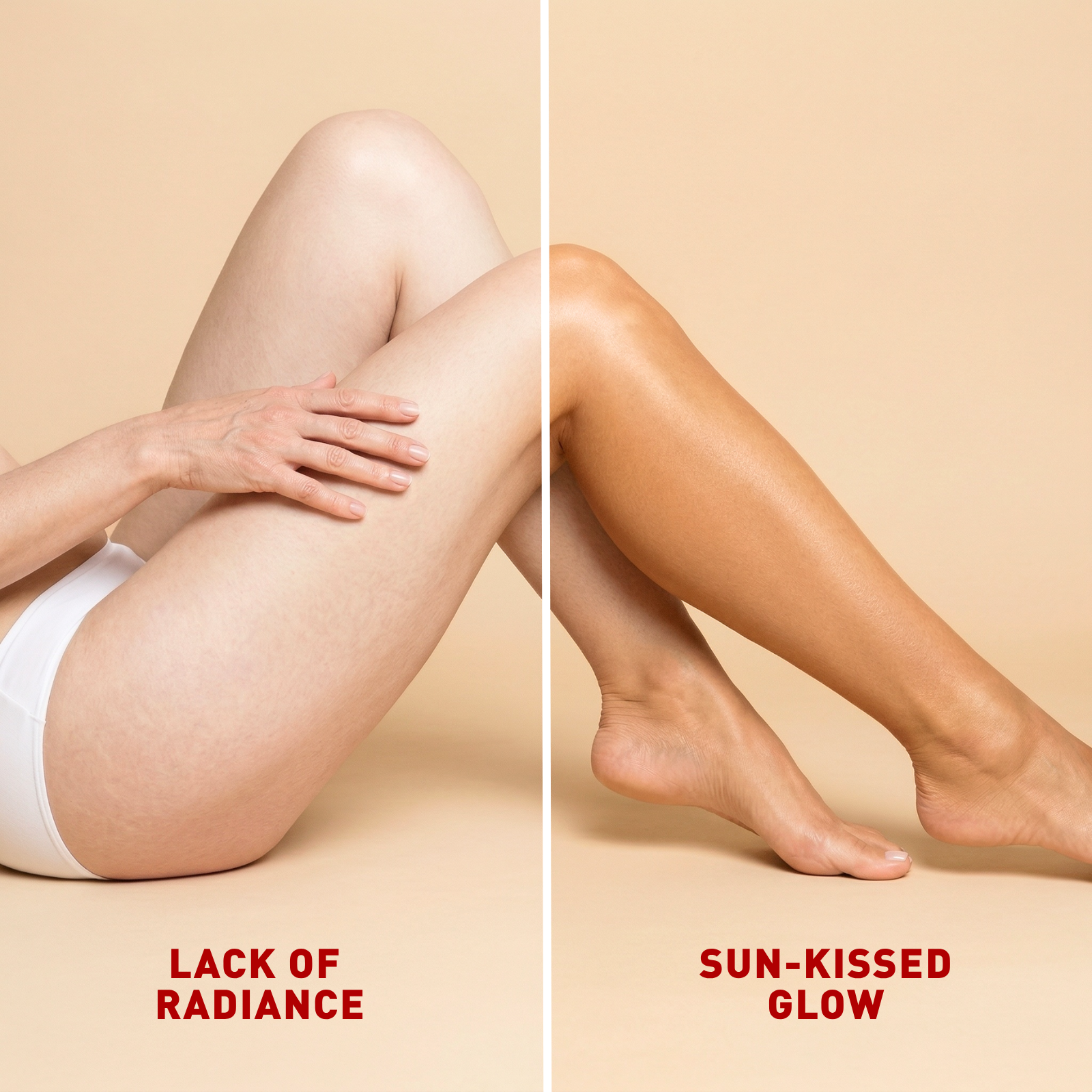 Comparison of legs with 'Lack of Radiance' on the left and 'Sun-Kissed Glow' on the right against a beige background.