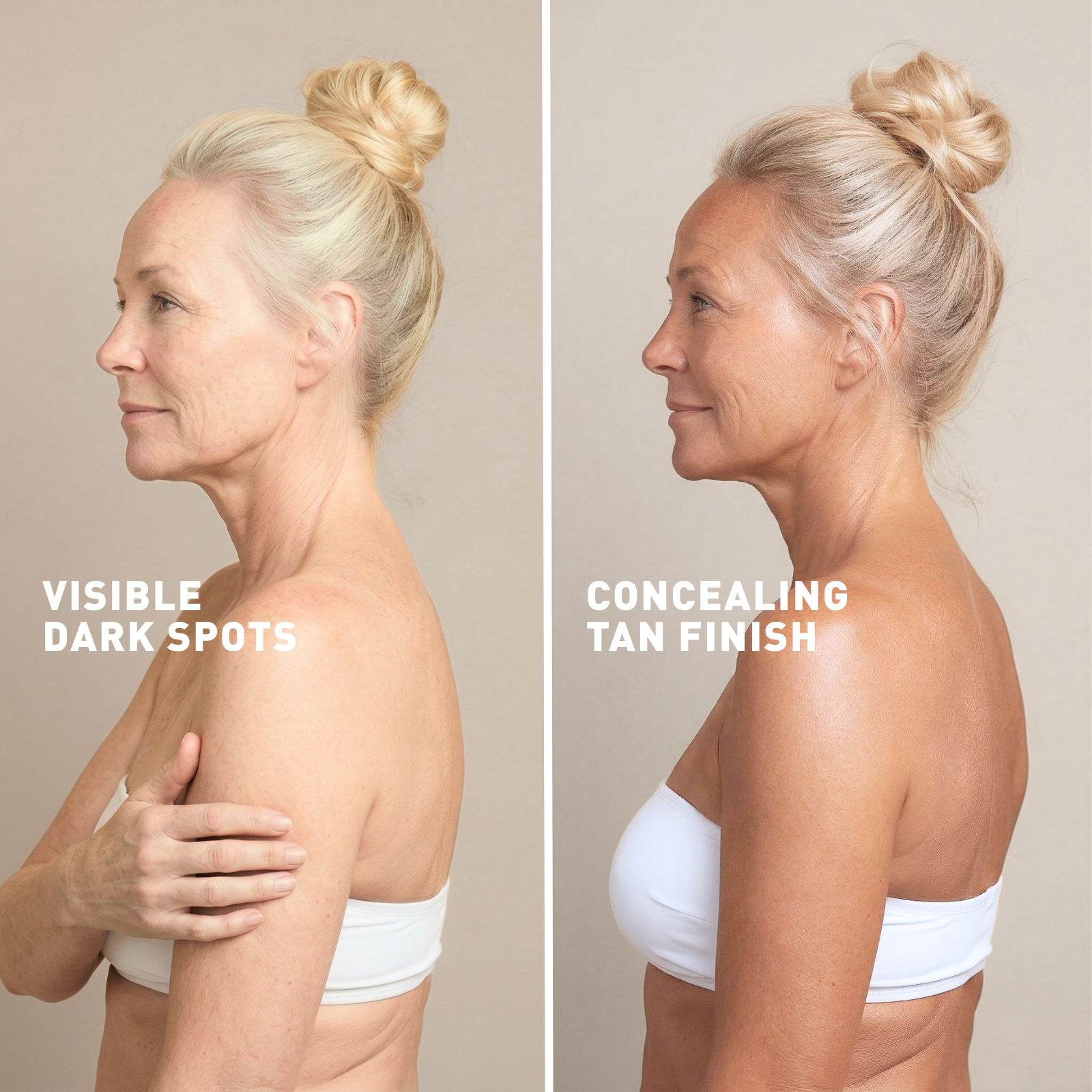 Before and after comparison of a woman's shoulder with visible dark spots and a concealing tan finish.
