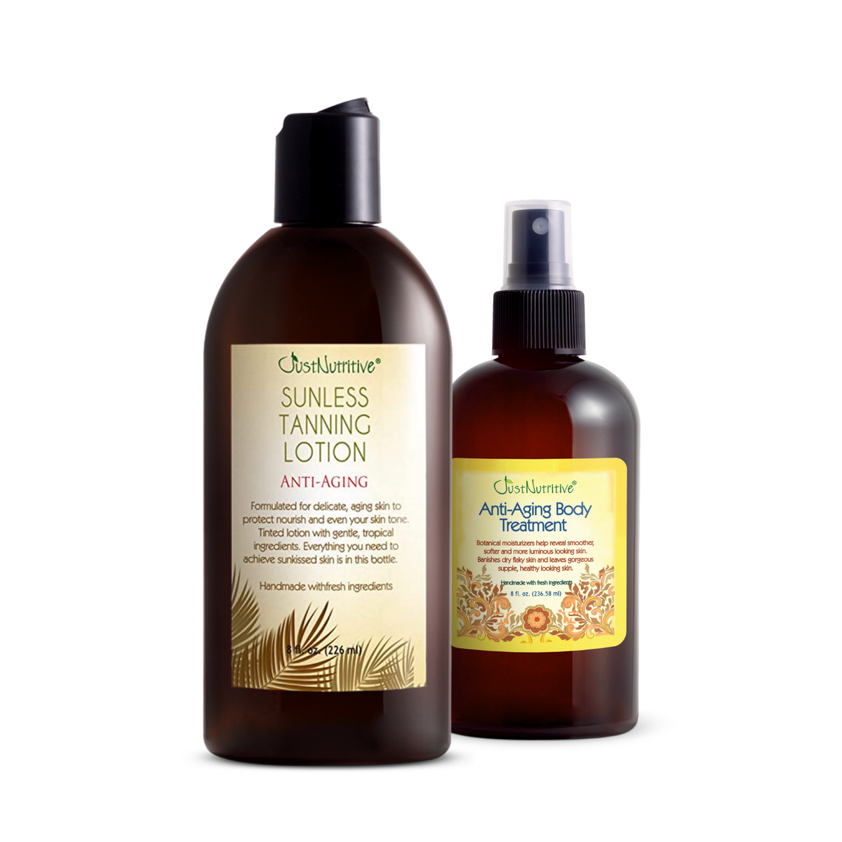 Two bottles of JustNutritive sunless tanning lotion and anti-aging body treatment on a white background.