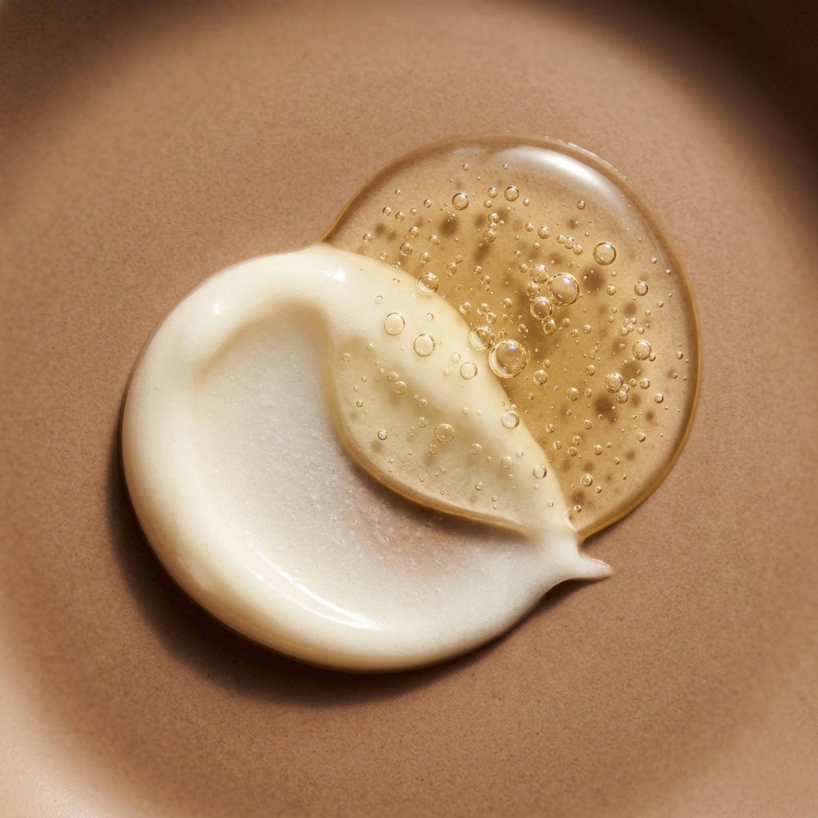 Two droplets of different skincare products on a brown background