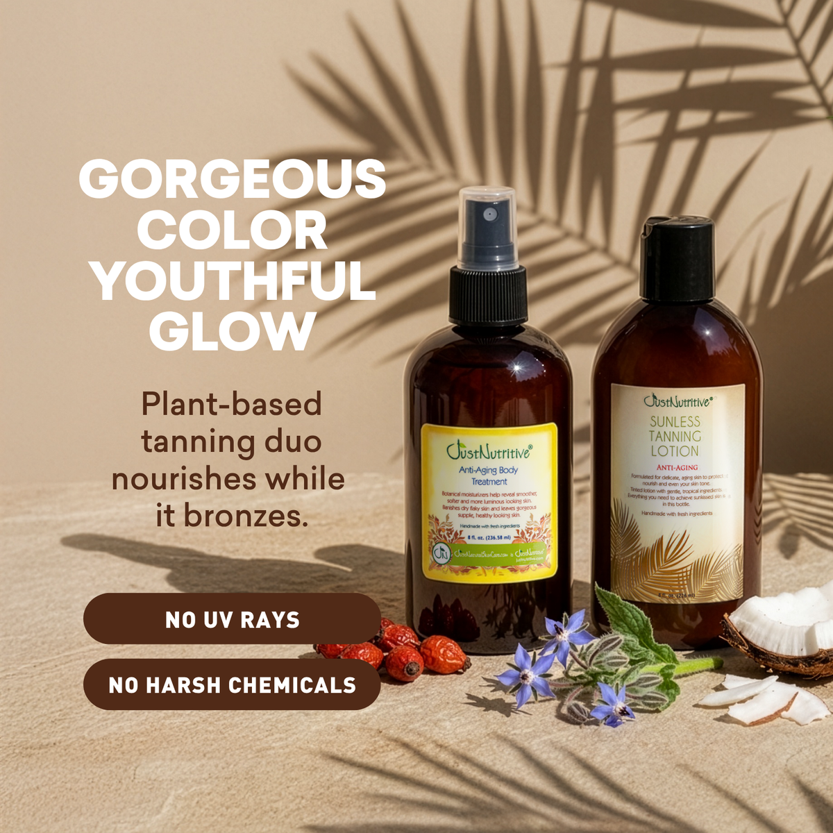 Two tanning products with natural ingredients on a beige background