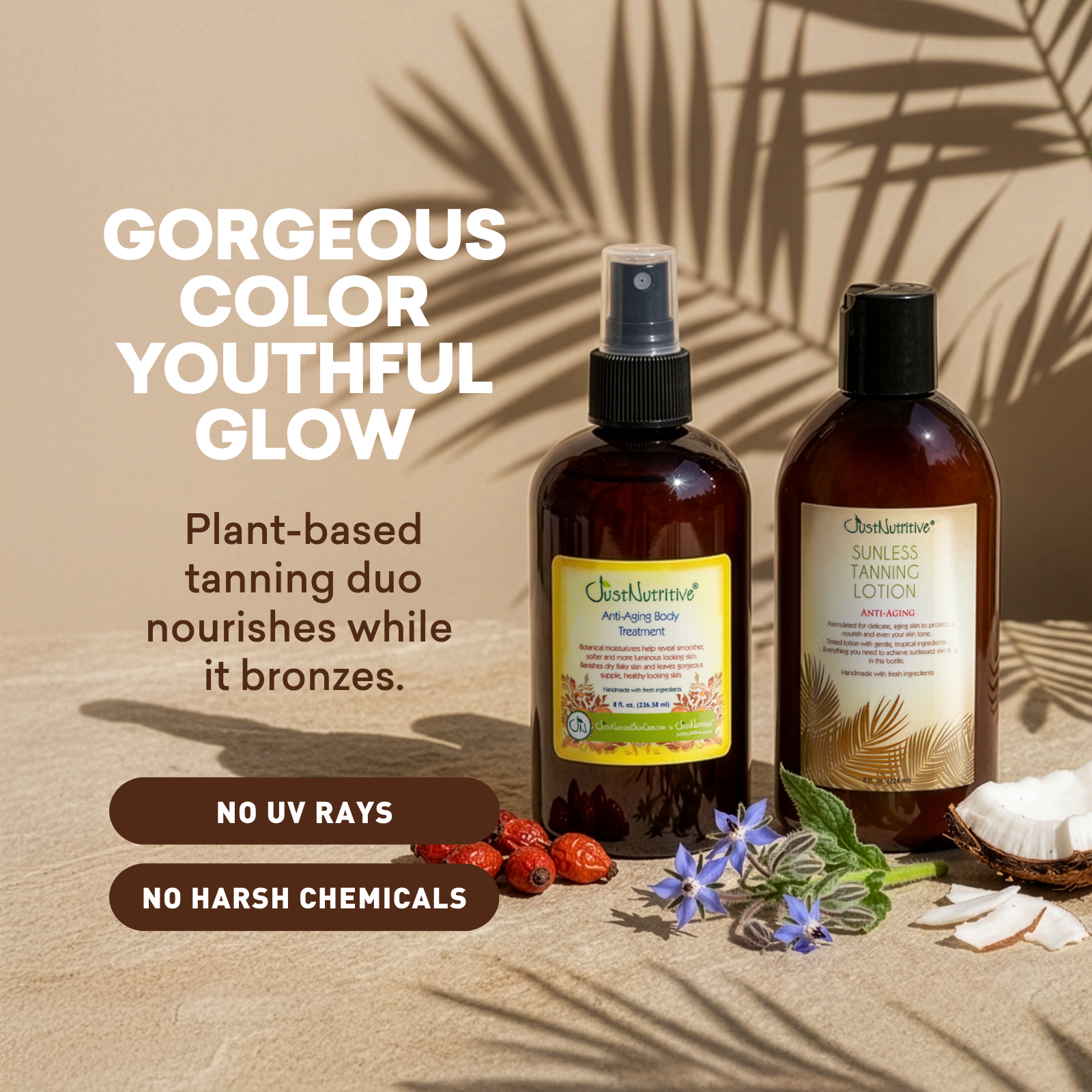 Two tanning products with natural ingredients on a beige background