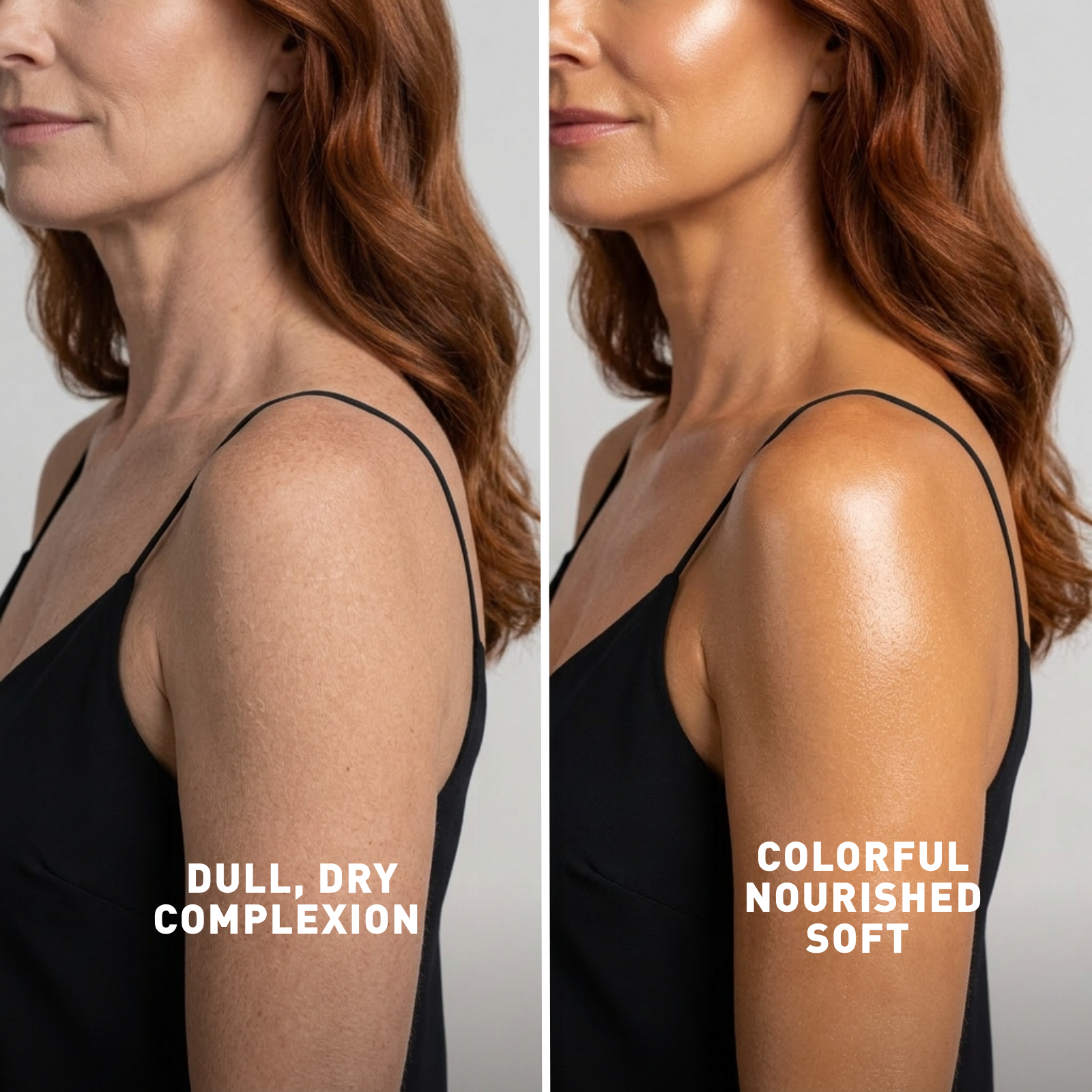 Before and after comparison of a woman's arm with text labels on a neutral background