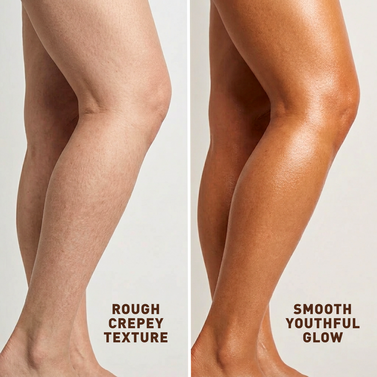 Comparison of rough crepey texture and smooth youthful glow on legs.