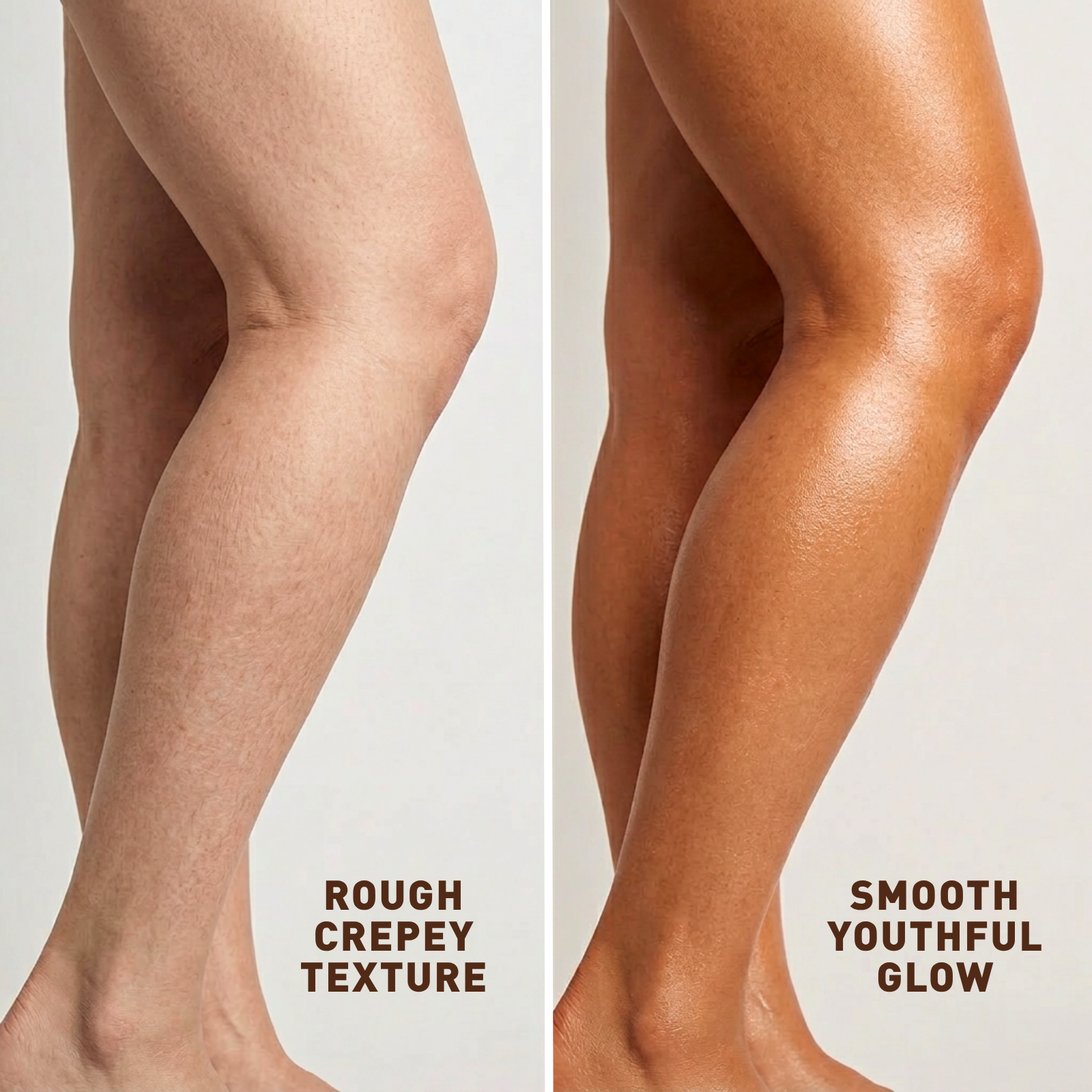 Comparison of rough crepey texture and smooth youthful glow on legs.