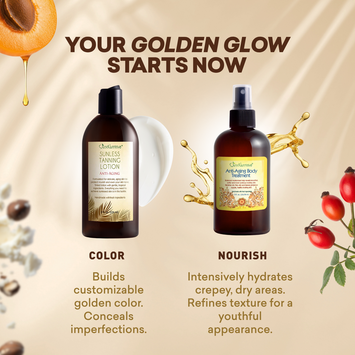 Two bottles of tanning products with text on a beige background